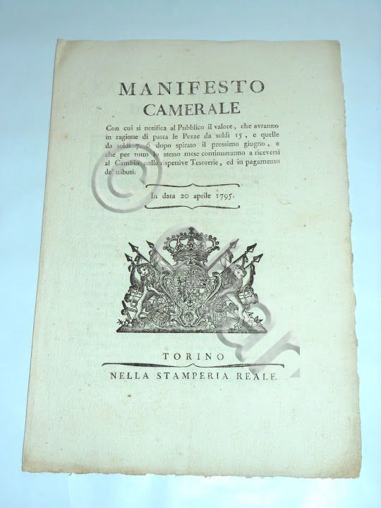Decreti Rgno Sardegna Manifesto Camerale Cambio Pezze da Soldi 1795