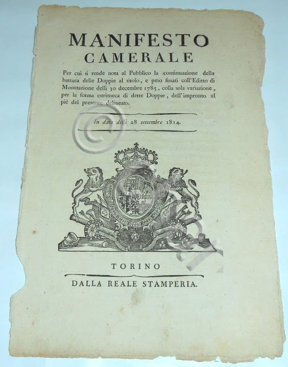Decreti Rgno Sardegna Manifesto Camerale Monete Zecca Battuta delle Doppie …