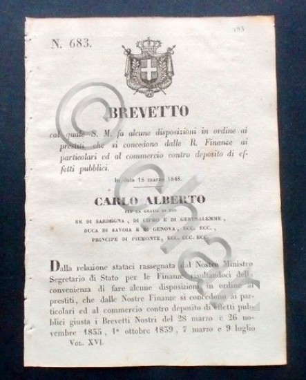 Decreto Carlo Alberto - Brevetto prestiti che si concedono dalle …