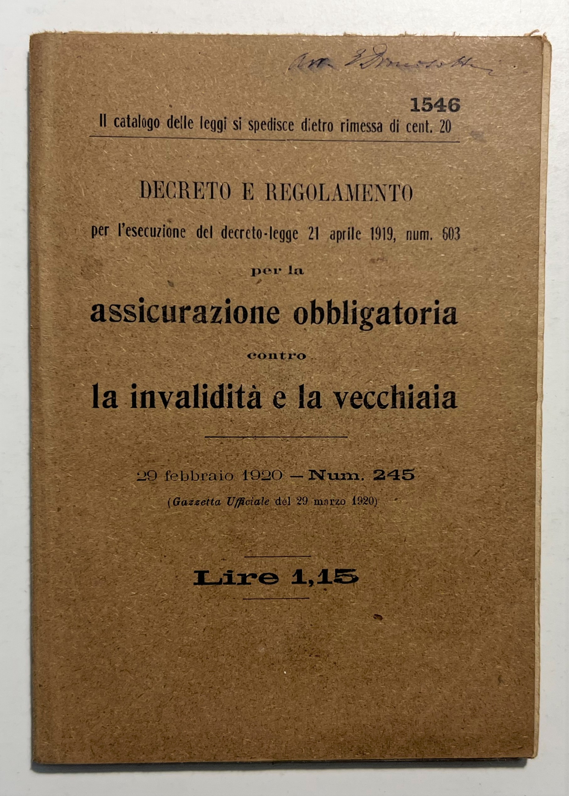 Decreto e Regolamento Assicurazione Obbligatoria Invalidità e Vecchiaia - 1920