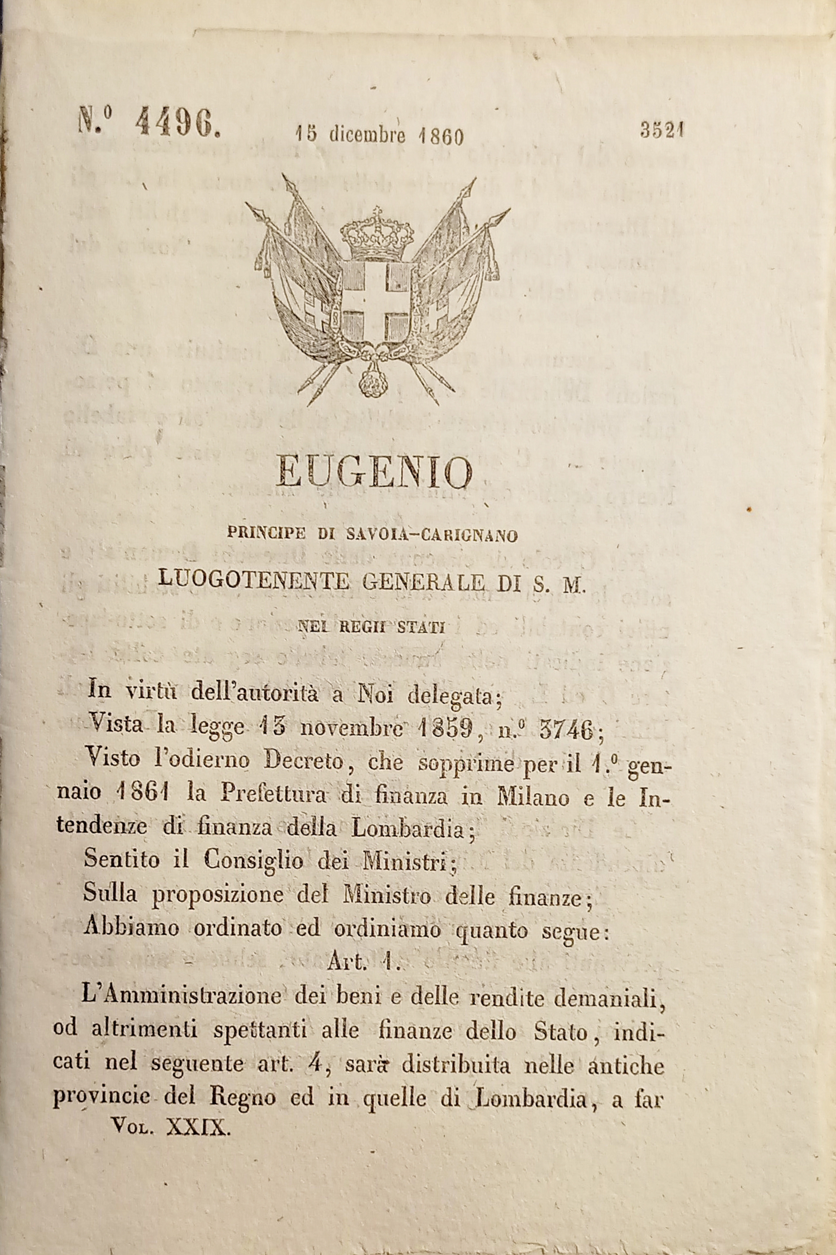 Decreto Eugenio - Beni e rendite sarà distribuita provin. Regno …