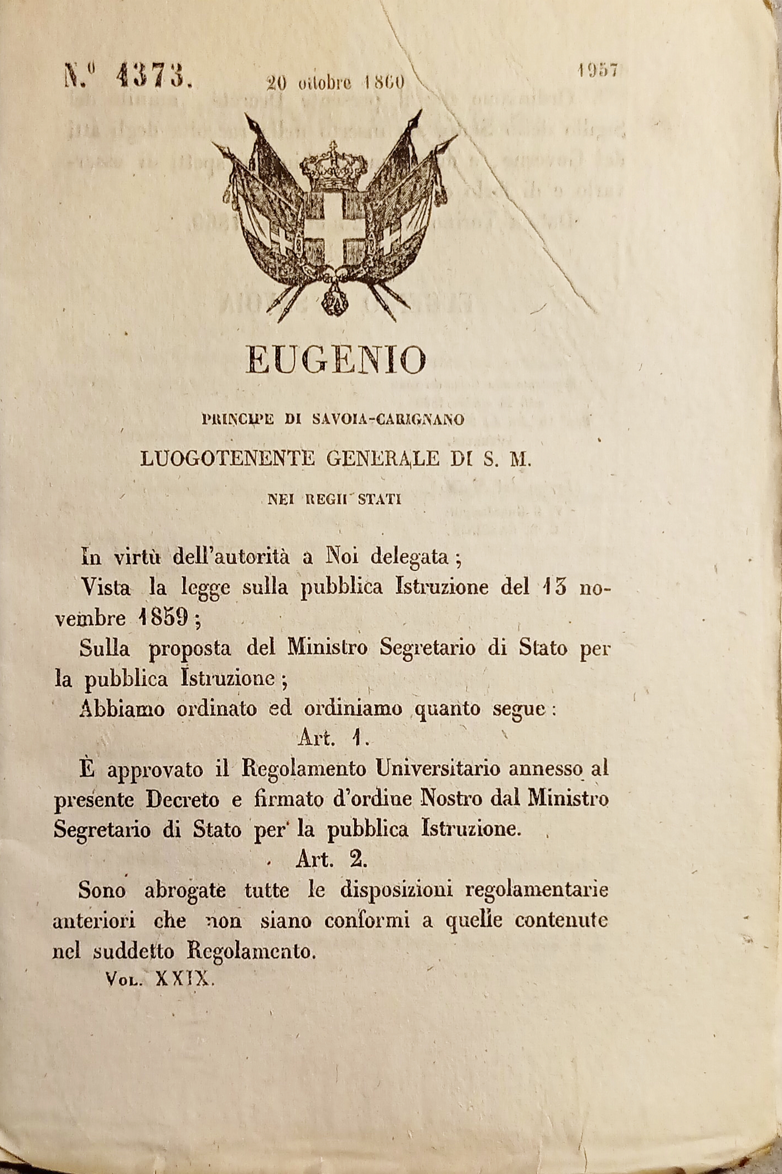 Decreto Eugenio - È approvato il Regolamento Universitario - 1860