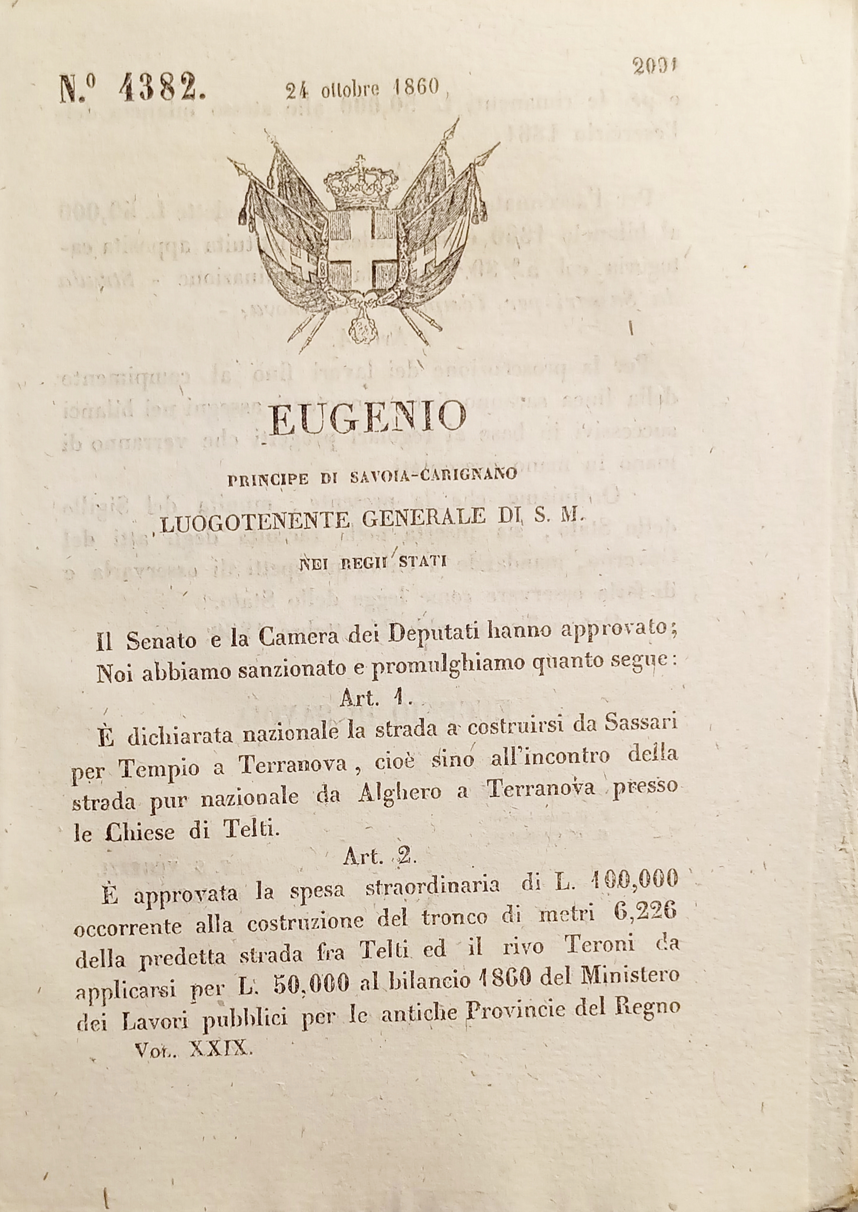 Decreto Eugenio - È dichiarata strada da Sassari per Tempio …