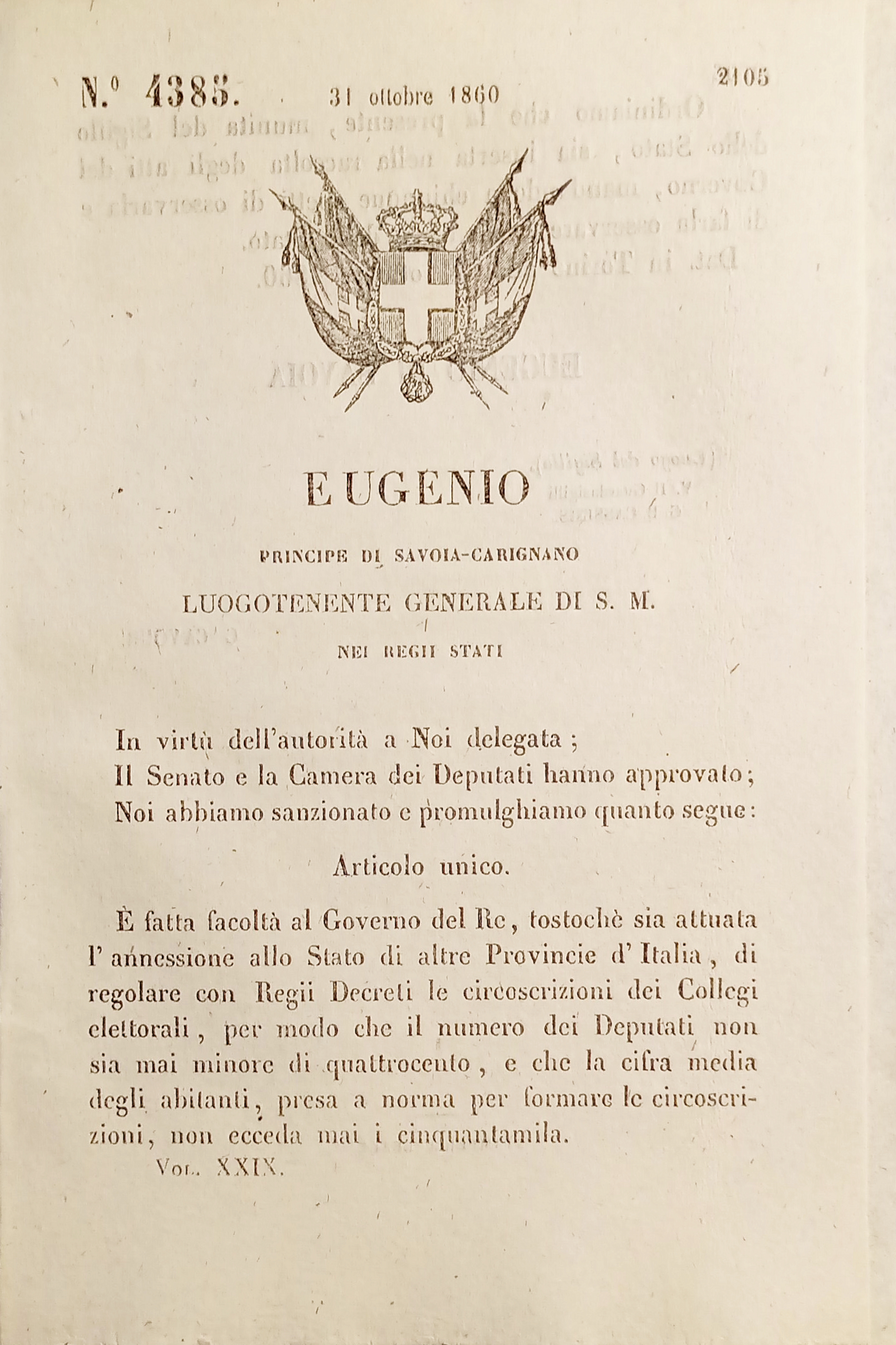 Decreto Eugenio - È fatta facoltà al Governo del Re …