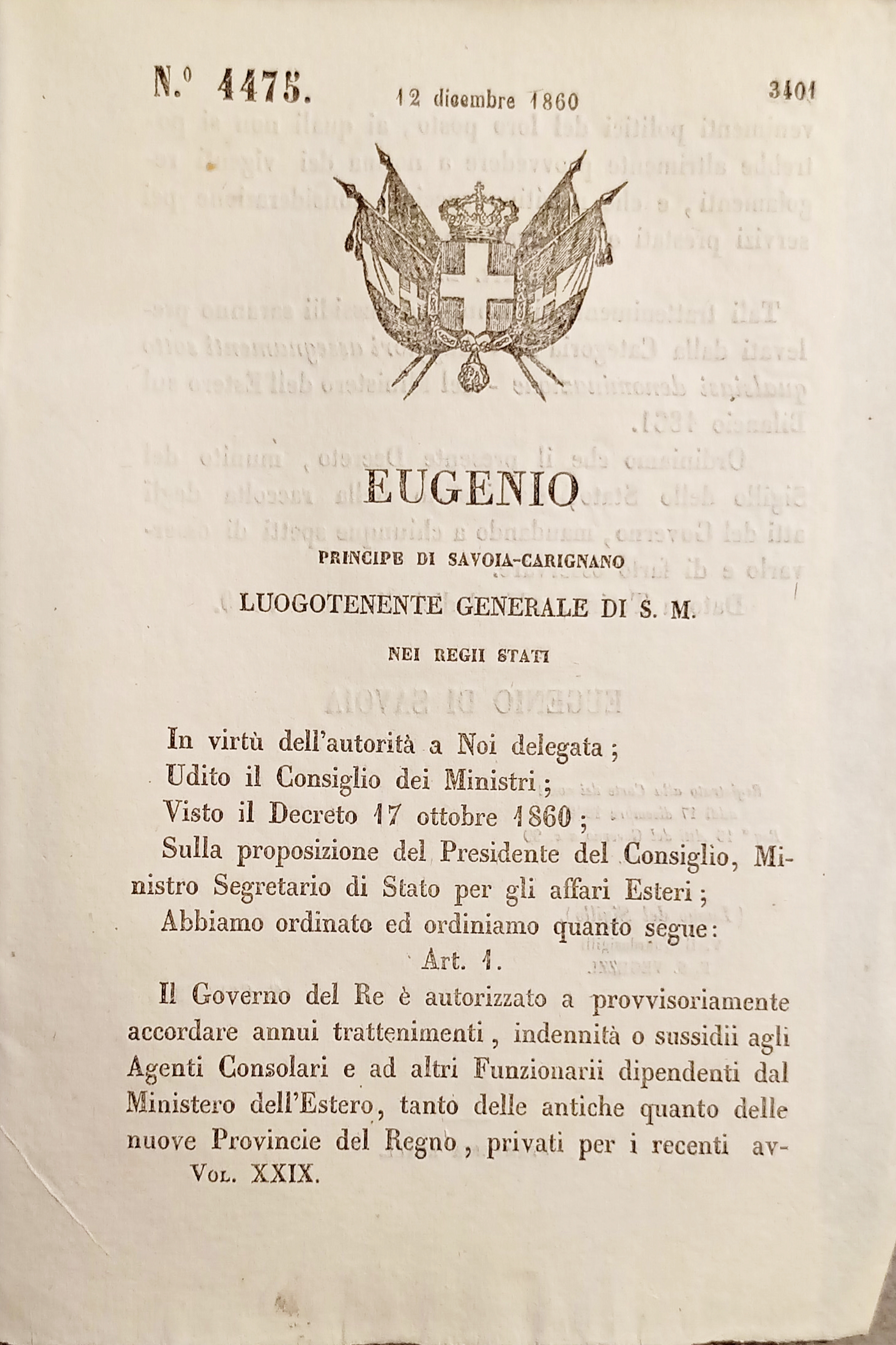 Decreto Eugenio - Governo Re è autorizzato ad accordare annui …