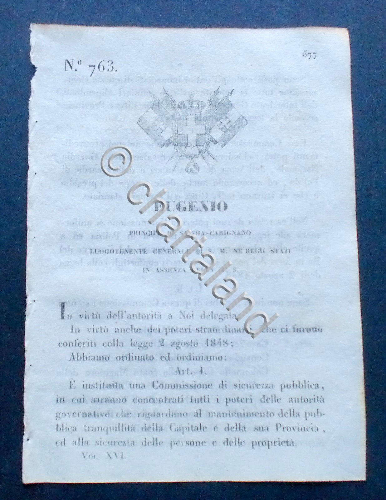 Decreto Eugenio - Instituzione Commissione di sicurezza pubblica - 1848
