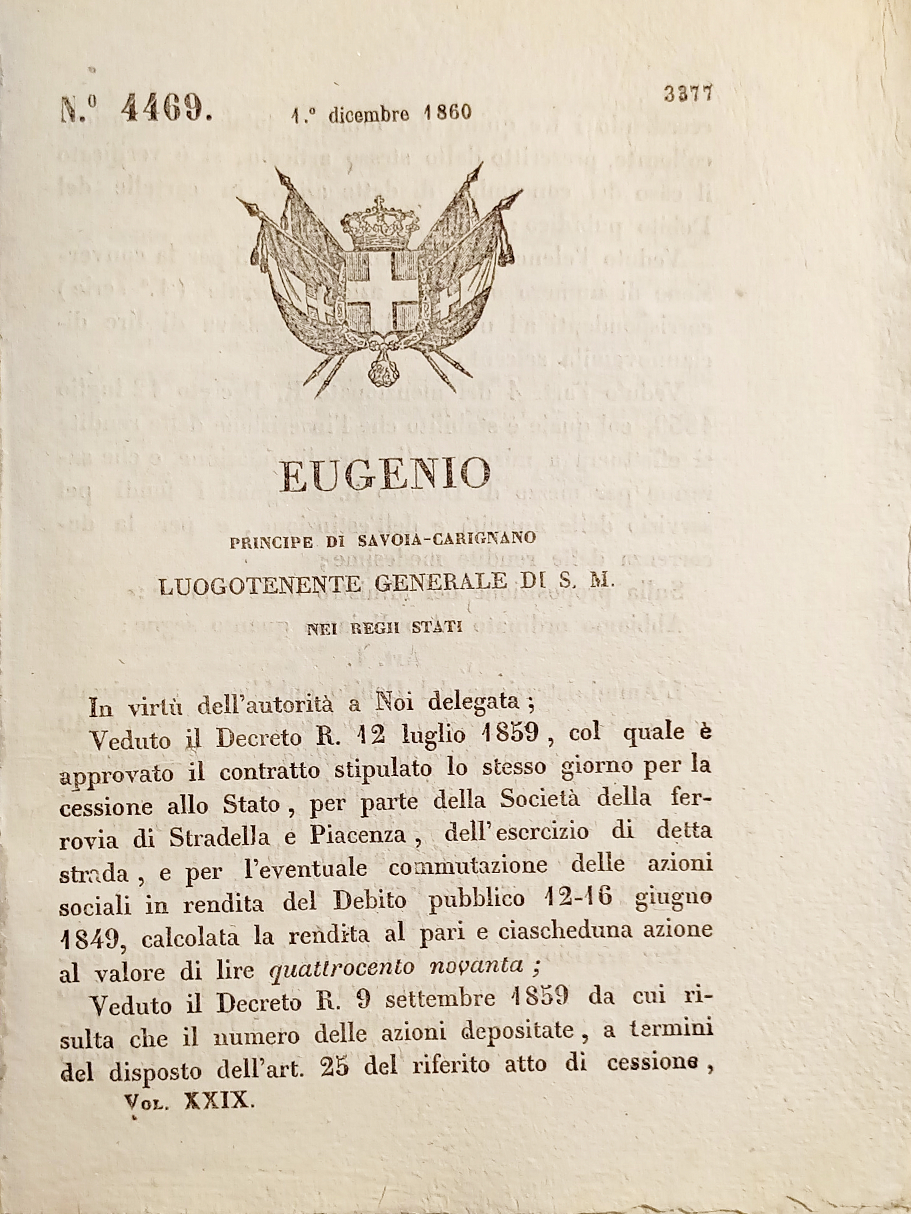 Decreto Eugenio - L'Amministrazione Debito è autorizzata iscrivere rendita 1860