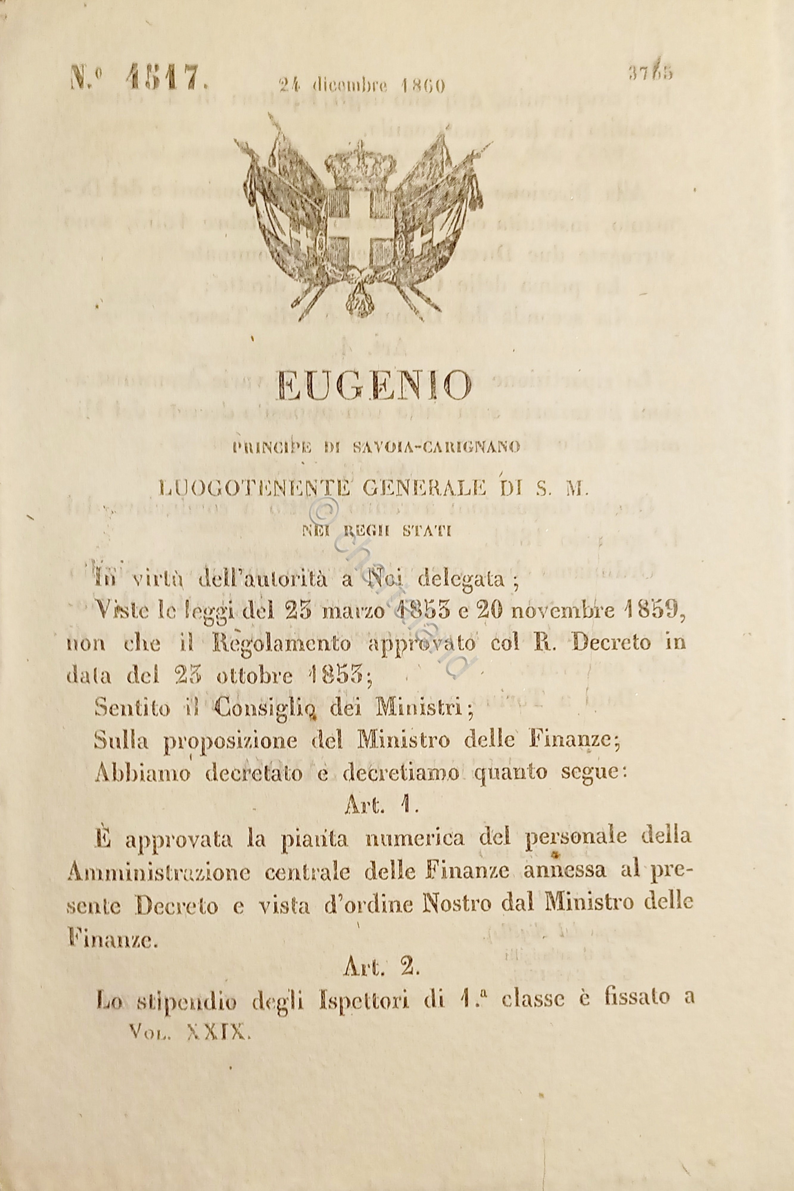 Decreto Eugenio - Pianta del Personale dell'Amministrazione delle Finanze - …