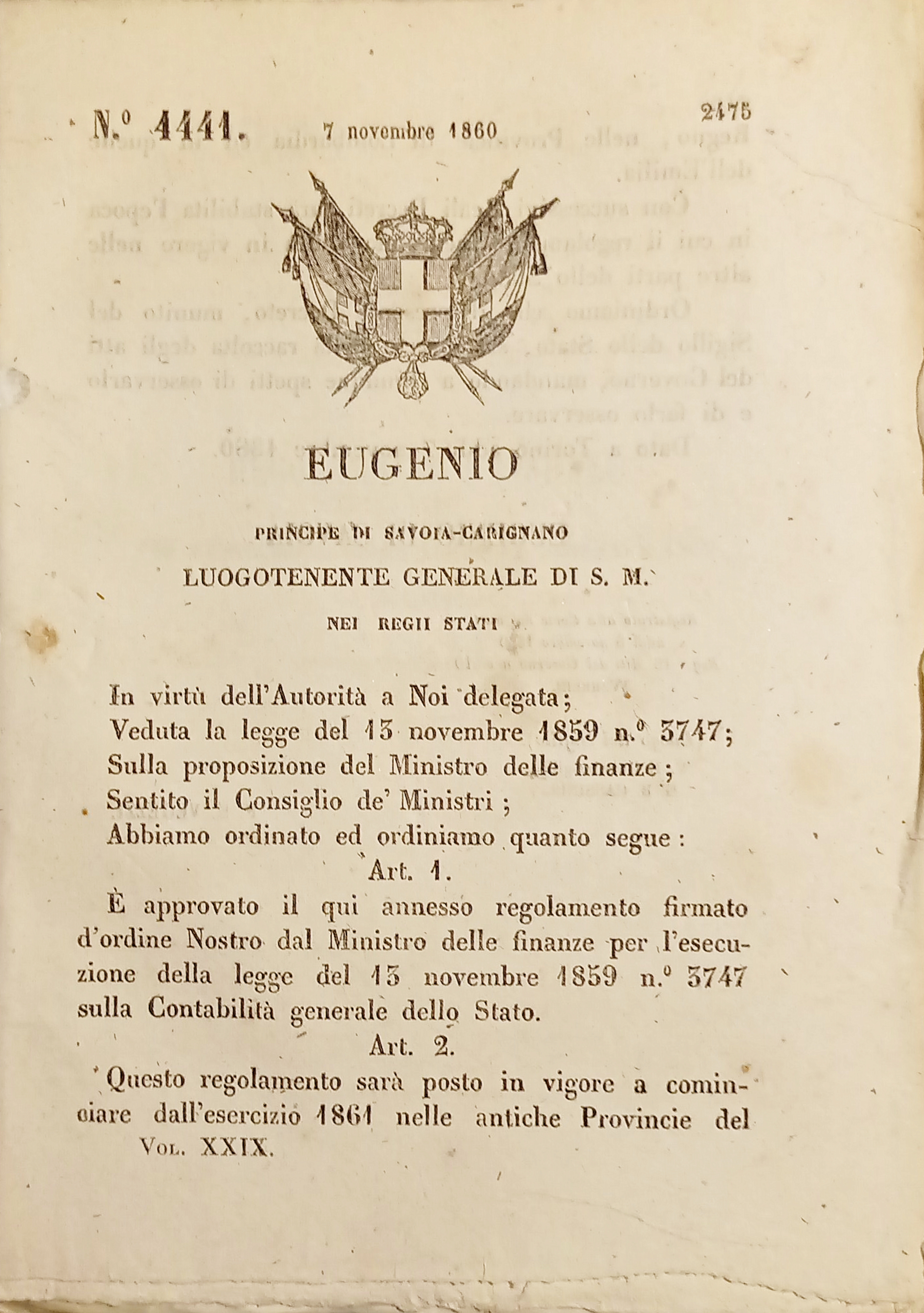 Decreto Eugenio - Regolamento dal Ministro Finanze Contabilità dello Stato …