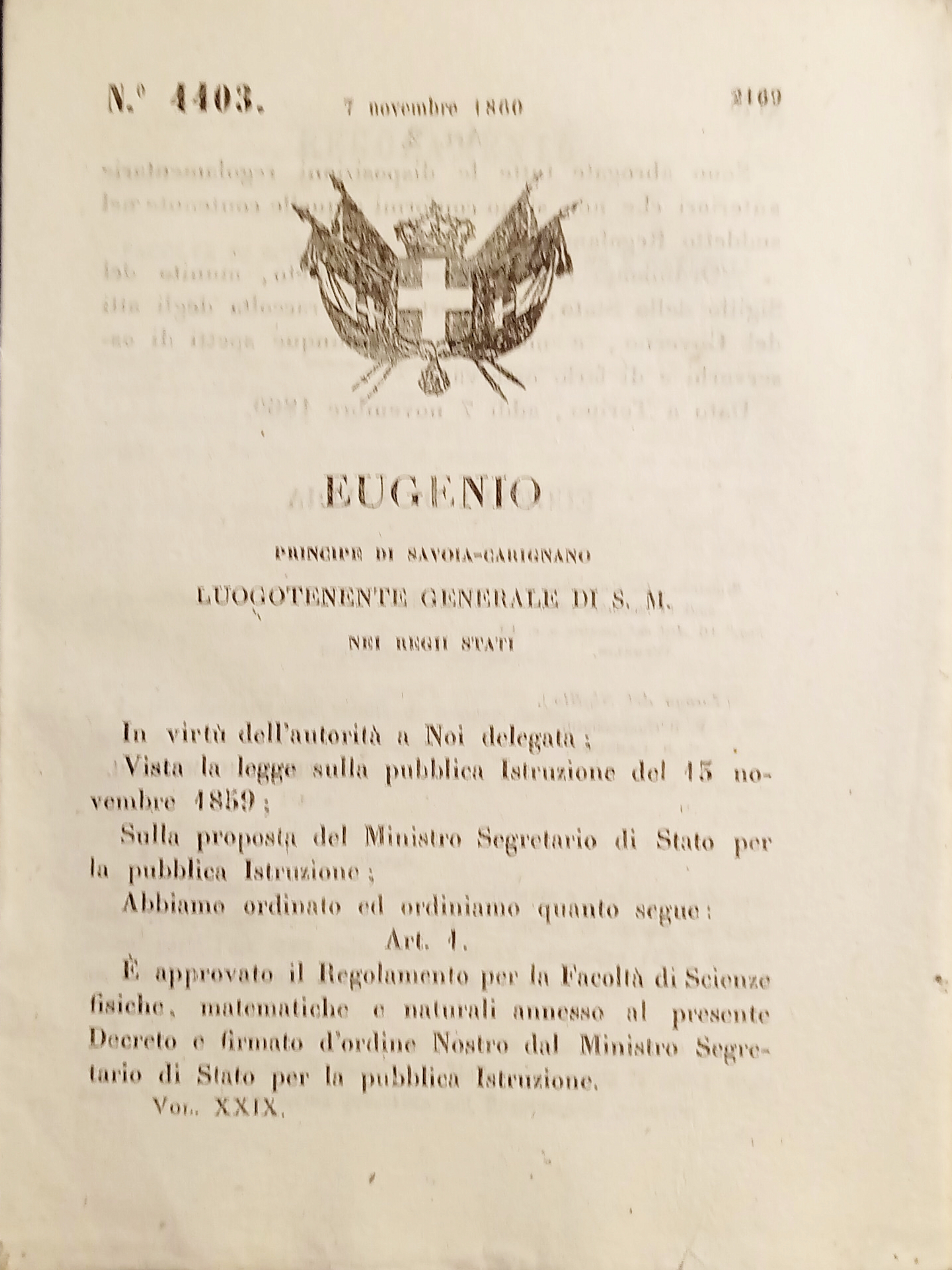 Decreto Eugenio - Regolamento per Facoltà di Scienze fisiche, matematiche …