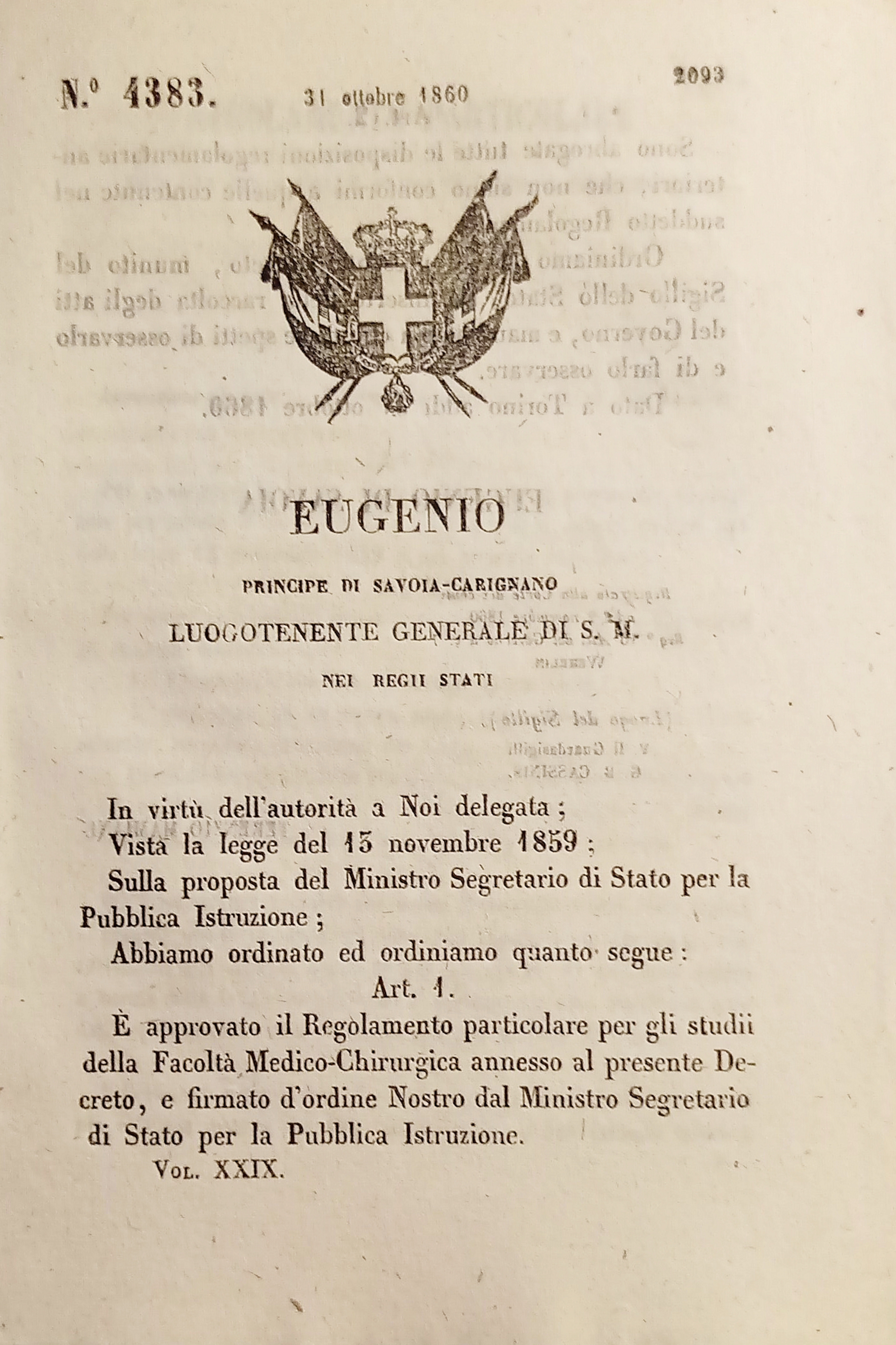 Decreto Eugenio - Regolamento per gli Studi della Facoltà Medico-Chirurgica …