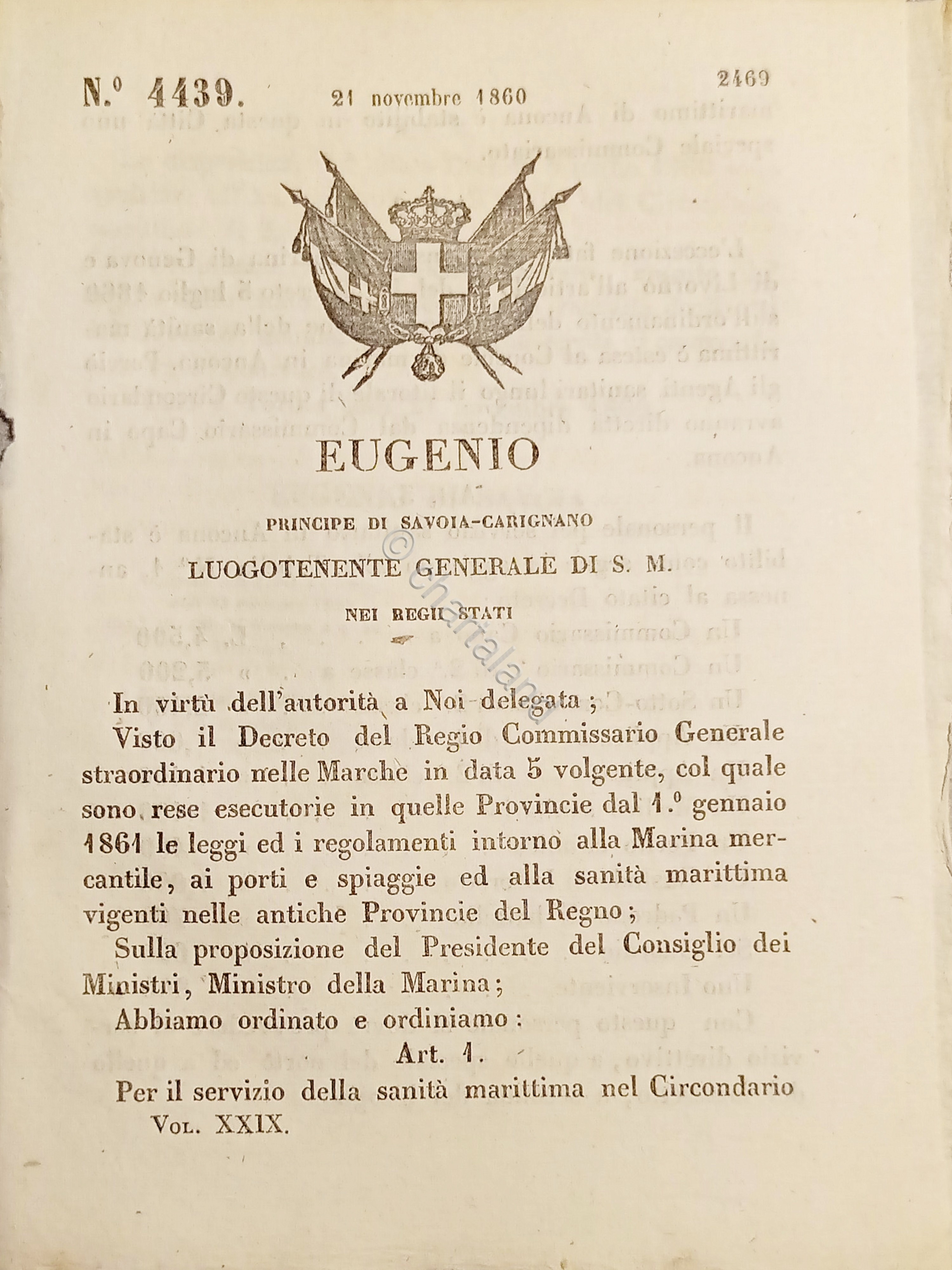 Decreto Eugenio - Stabilito Commissariato nel Circondario marittimo Ancona 1860