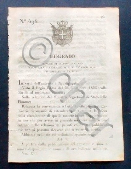 Decreto Eugenio - Tariffa temporaria di tolleranza infra notate monete …