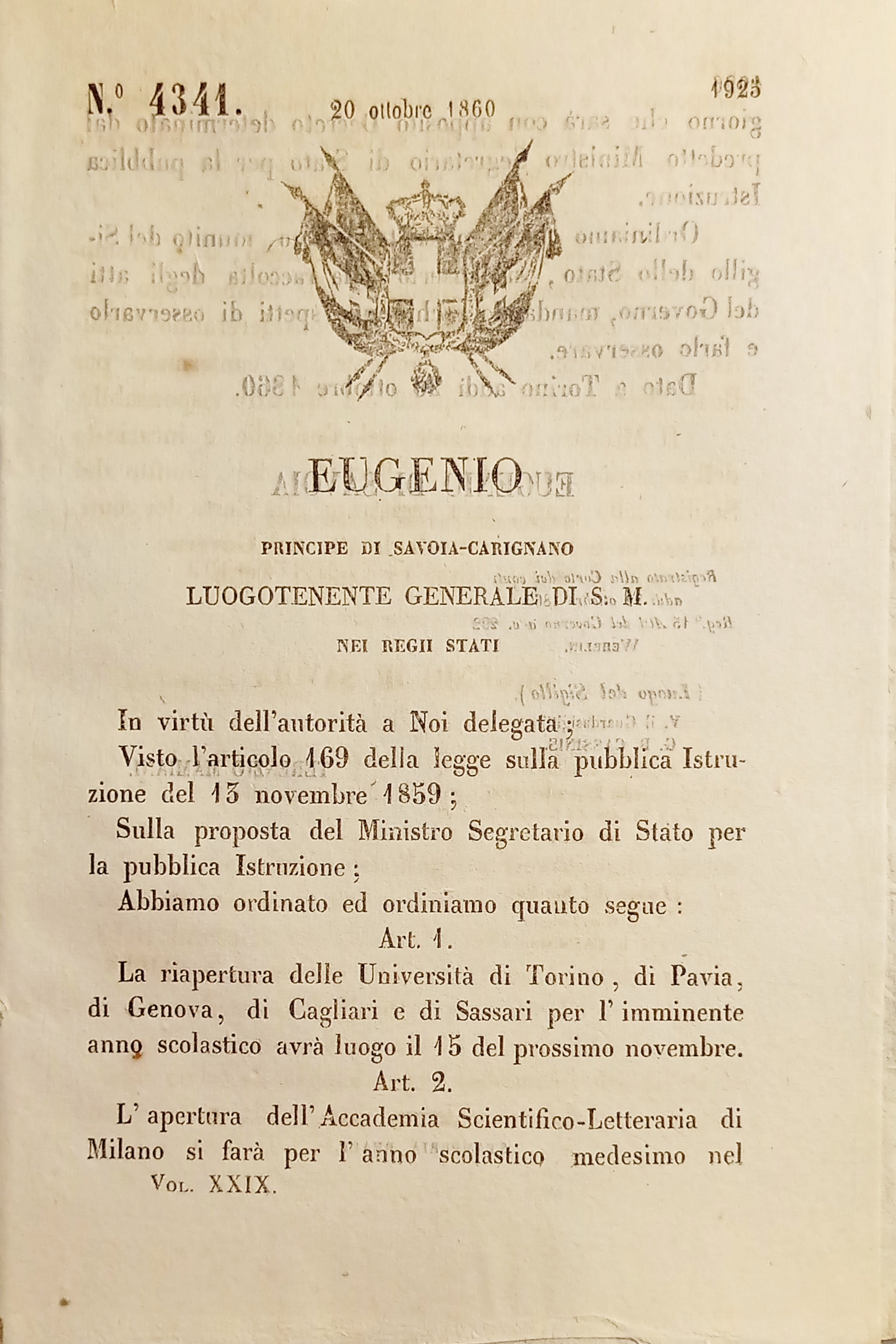 Decreto Eugenio Riapertura Università Torino Pavia Genova Cagliari Sassari 1860