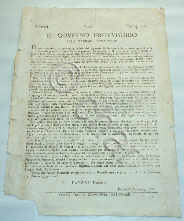 Decreto Governo Provv. Nazione Piemontese Riduzione Valore Carta Moneta 1799