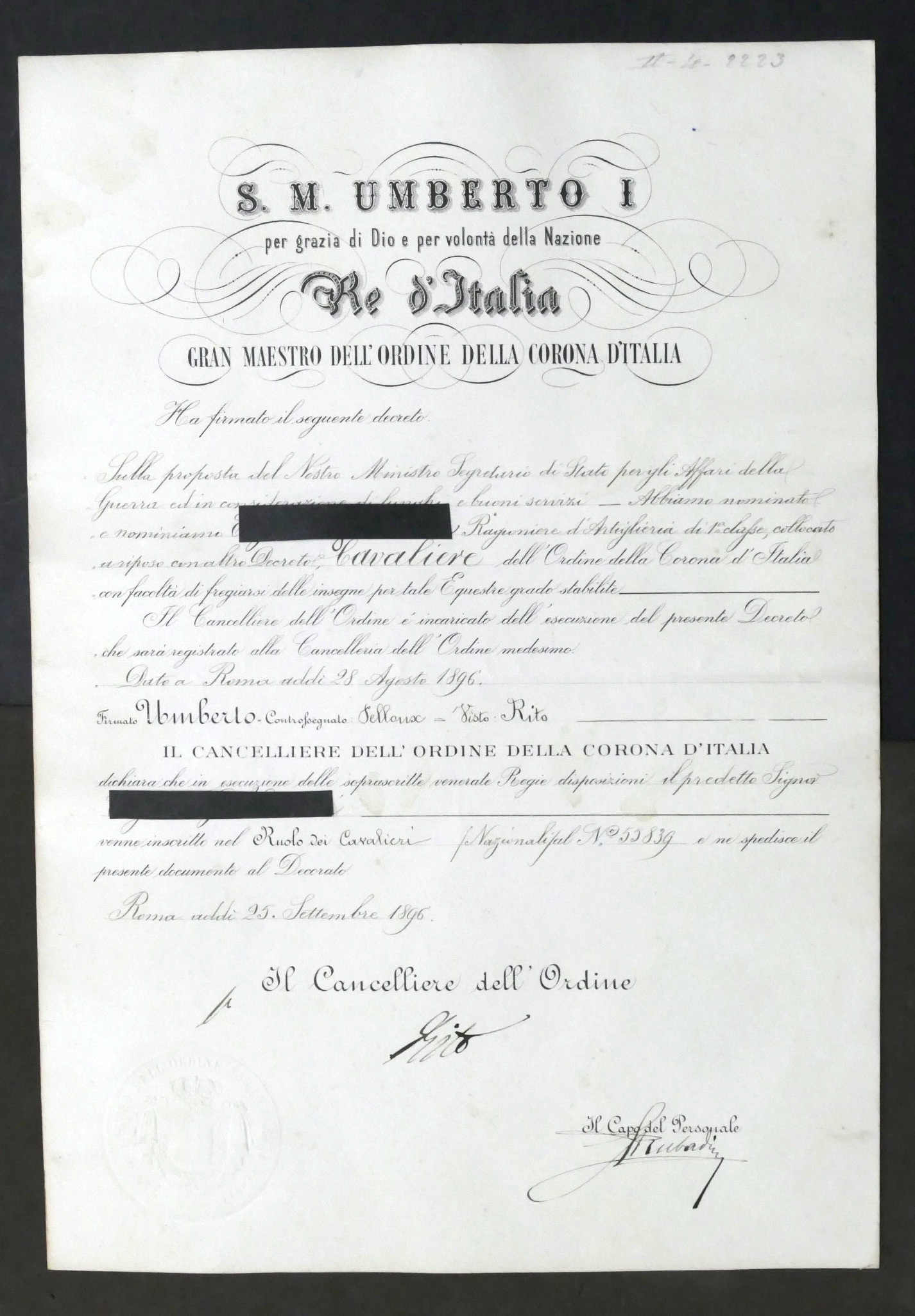 Decreto nomina a Cavaliere dell'Ordine della Corona d'Italia - 1896