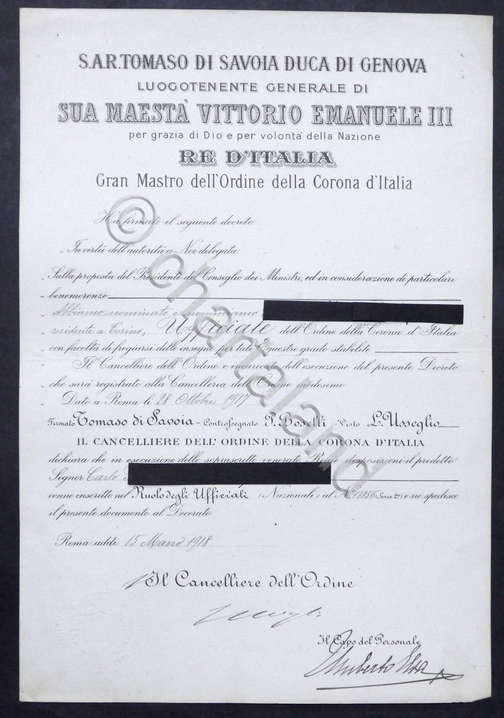 Decreto nomina a Ufficiale dell'Ordine della Corona d'Italia - 1918