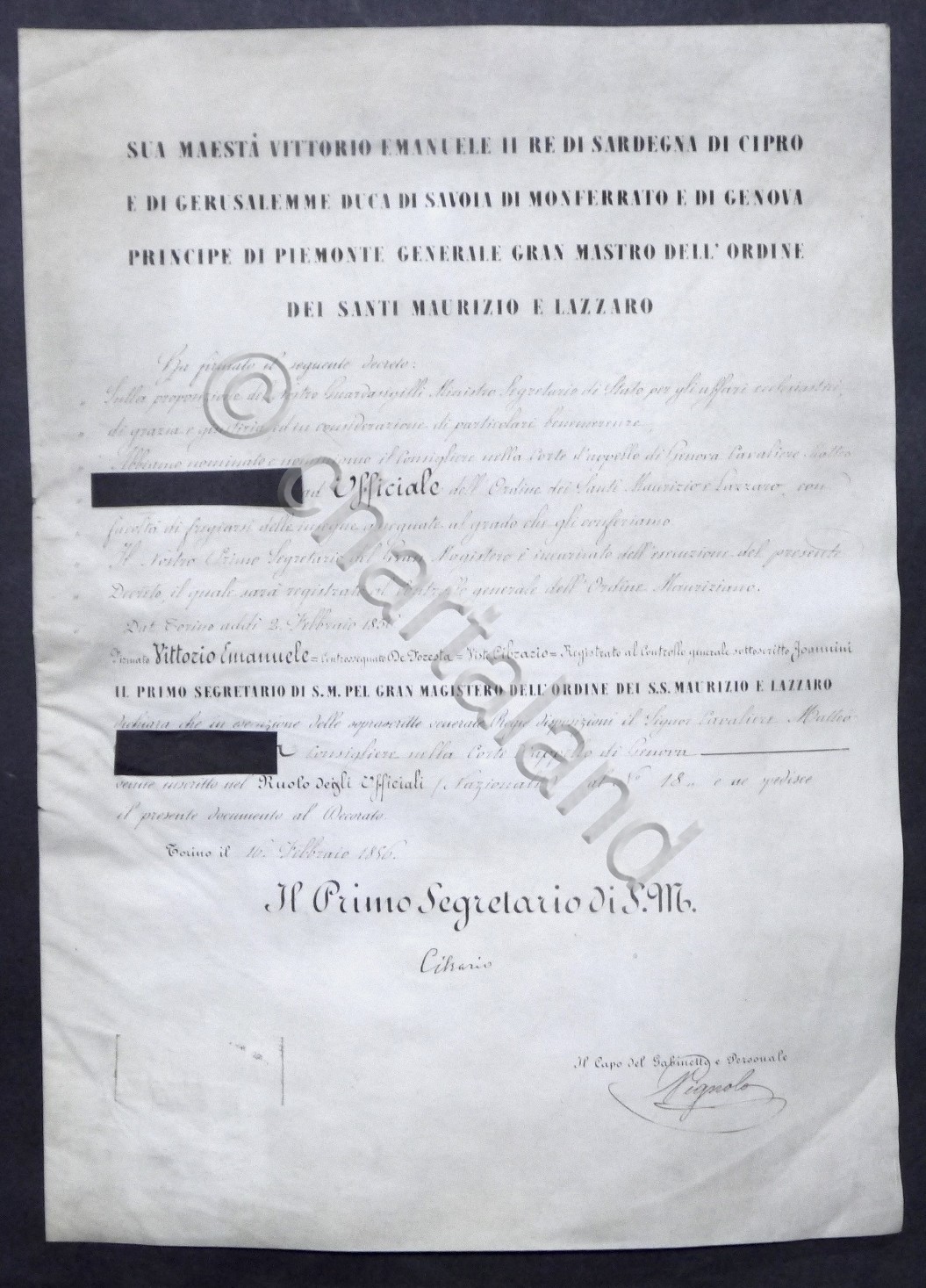 Decreto nomina ad Ufficiale dell'Ordine dei Santi Maurizio e Lazzaro …