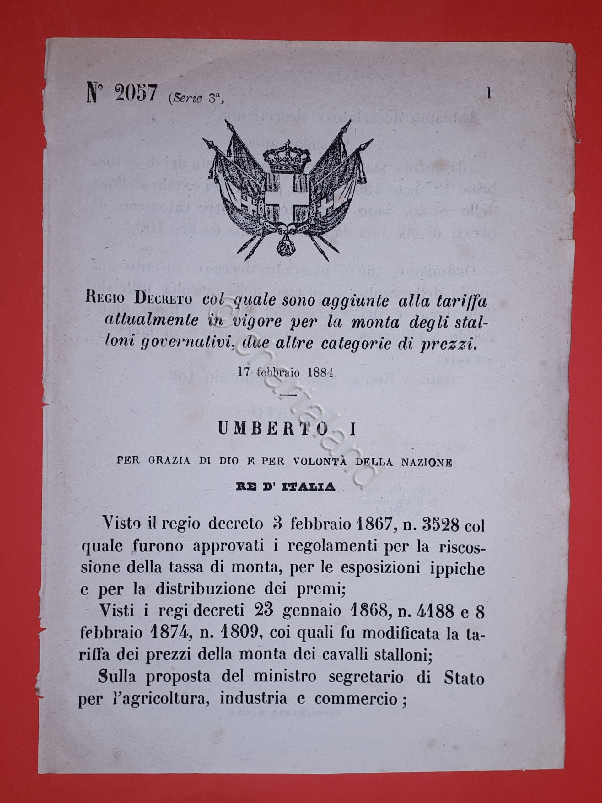 Decreto Regno d'Italia - Aggiornamento tariffa monta stalloni governativi - …