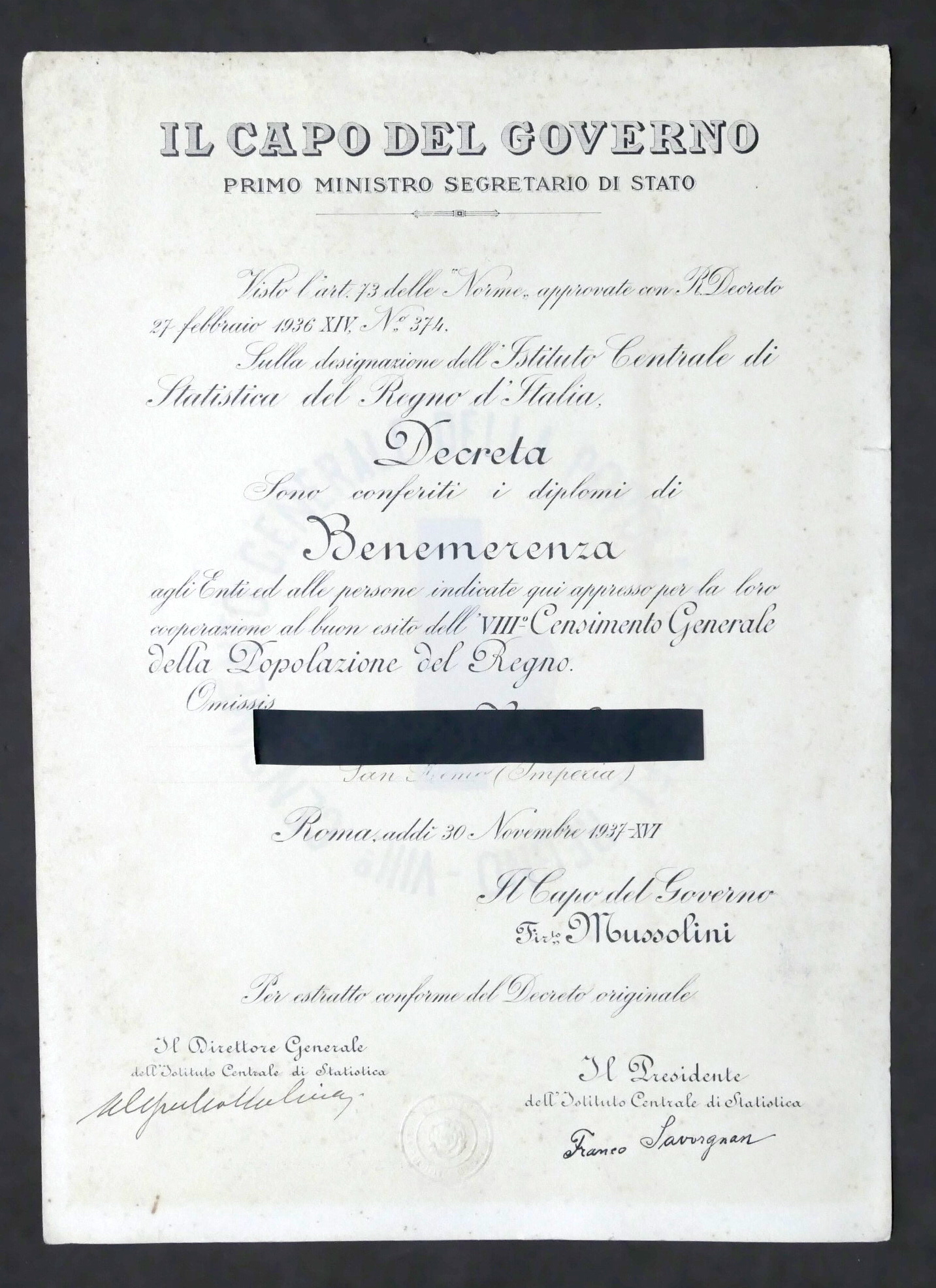 Decreto Regno d'Italia - Conferimento diploma di benemerenza - 1937