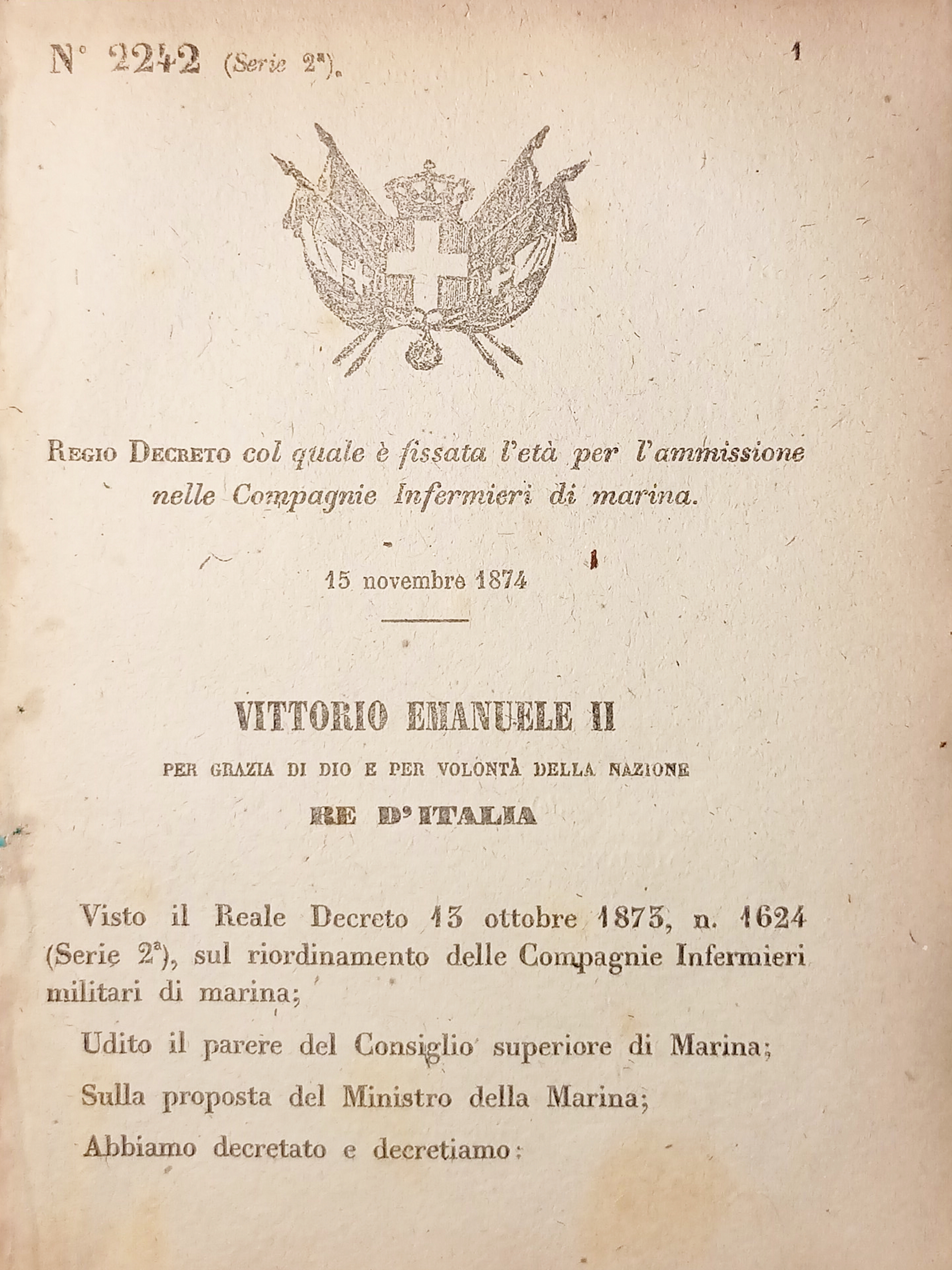 Decreto Regno d'Italia - Fissata età ammissione Compagni Infermieri marina …