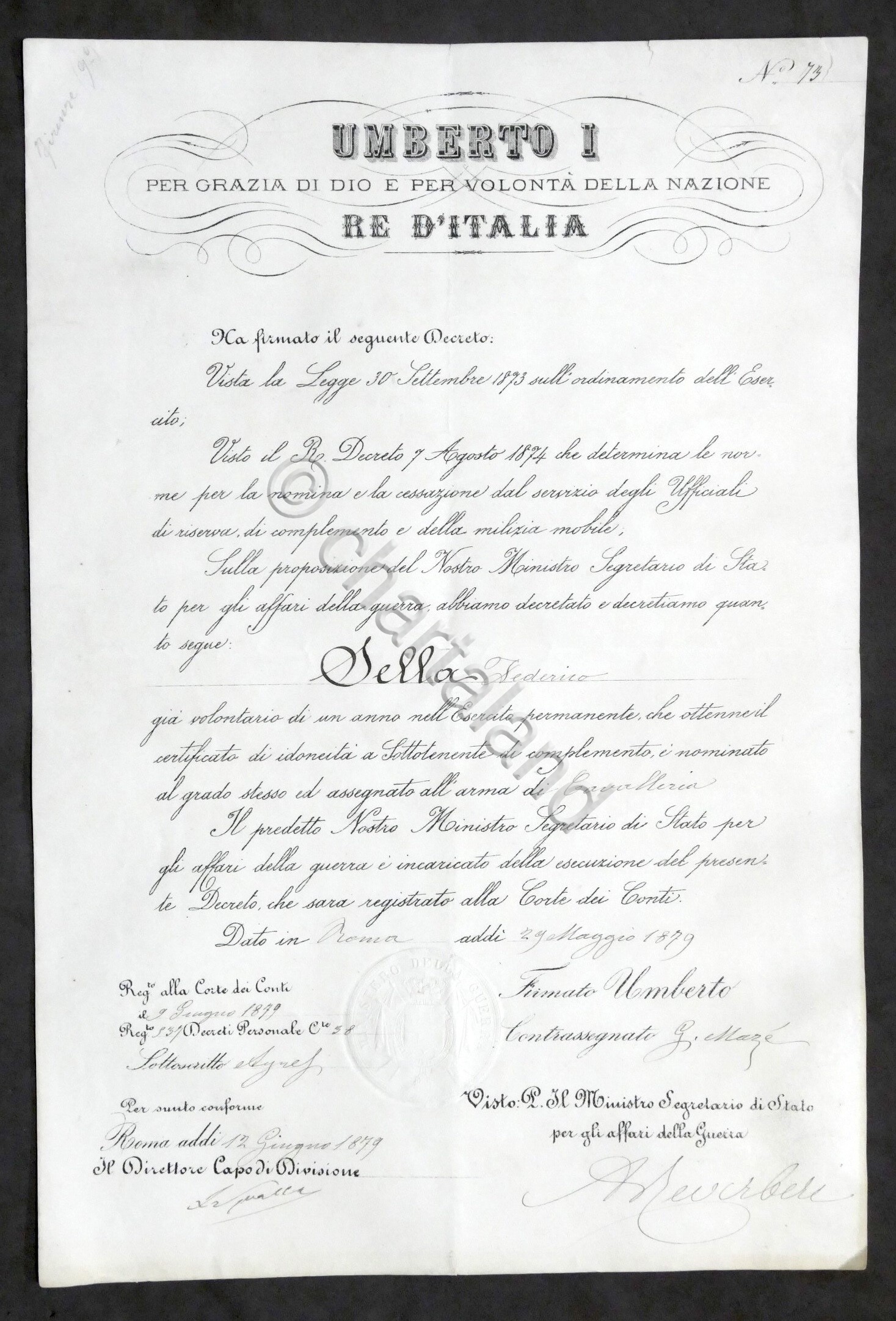 Decreto Regno d'Italia - Nomina a Sottotenente di Cavalleria Federico …