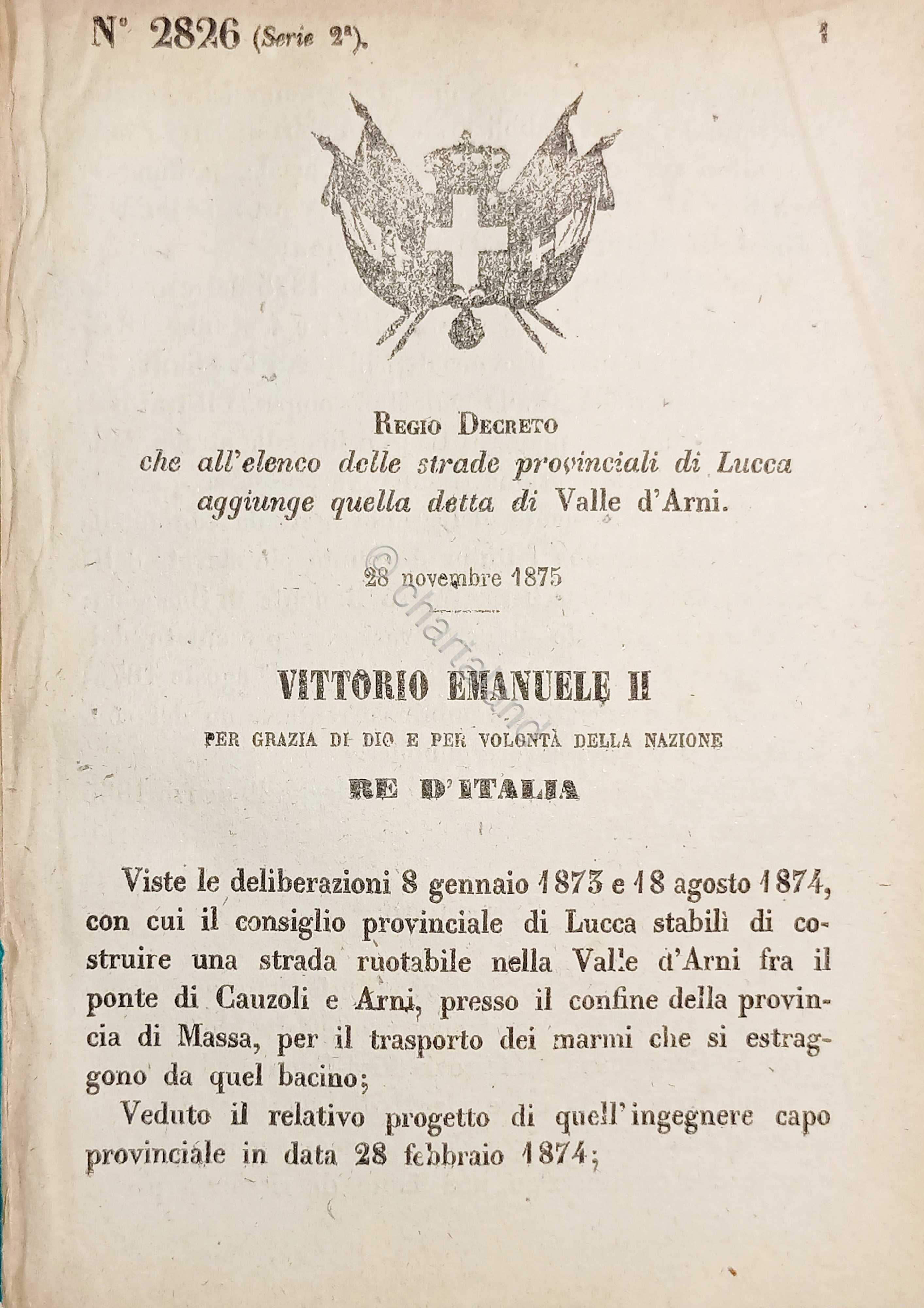 Decreto Regno Italia - Aggiunge strada Valle d'Arni all'elenco strade …