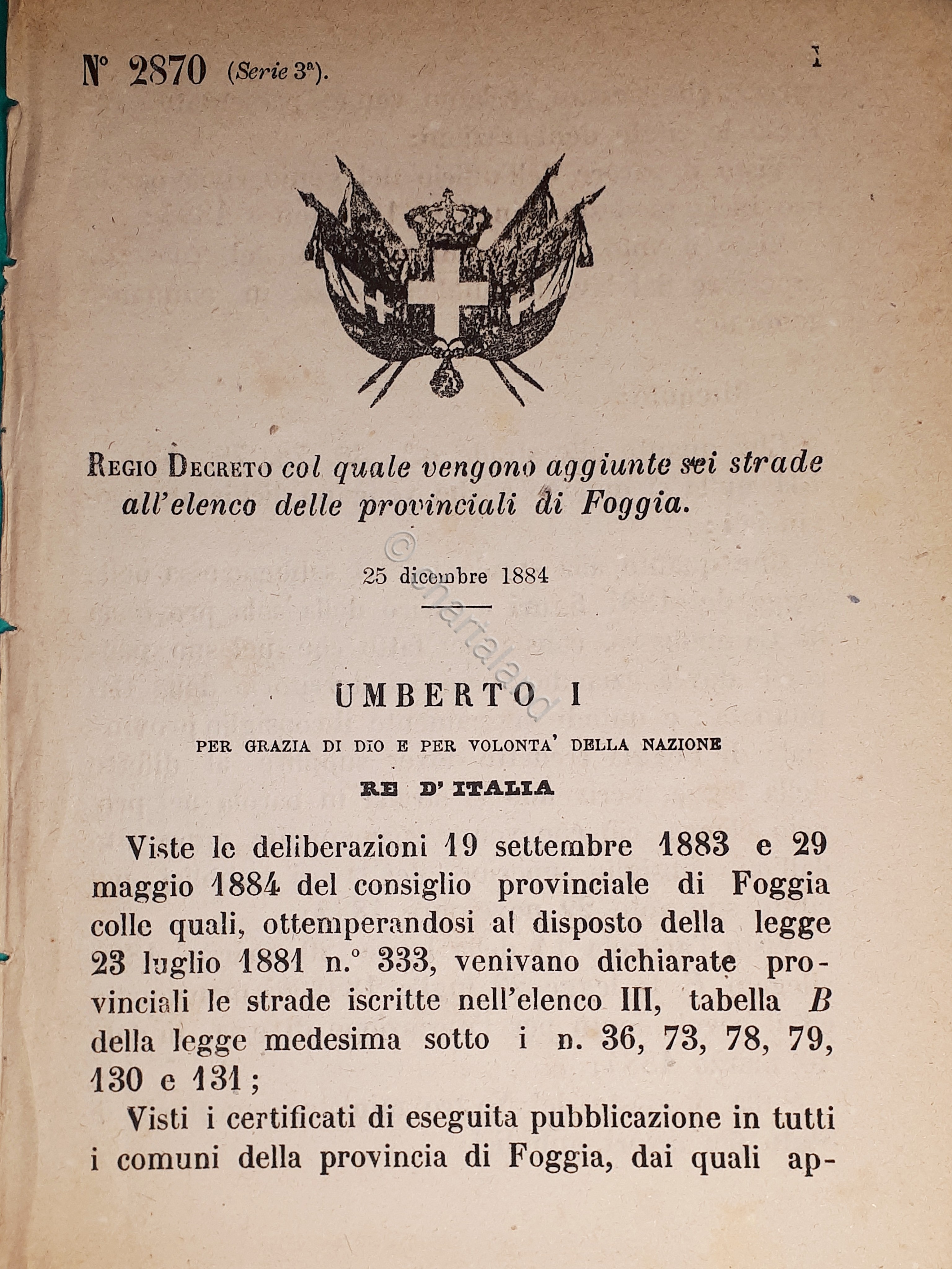 Decreto Regno Italia - Aggiunte sei strade all'elenco provinciali di …