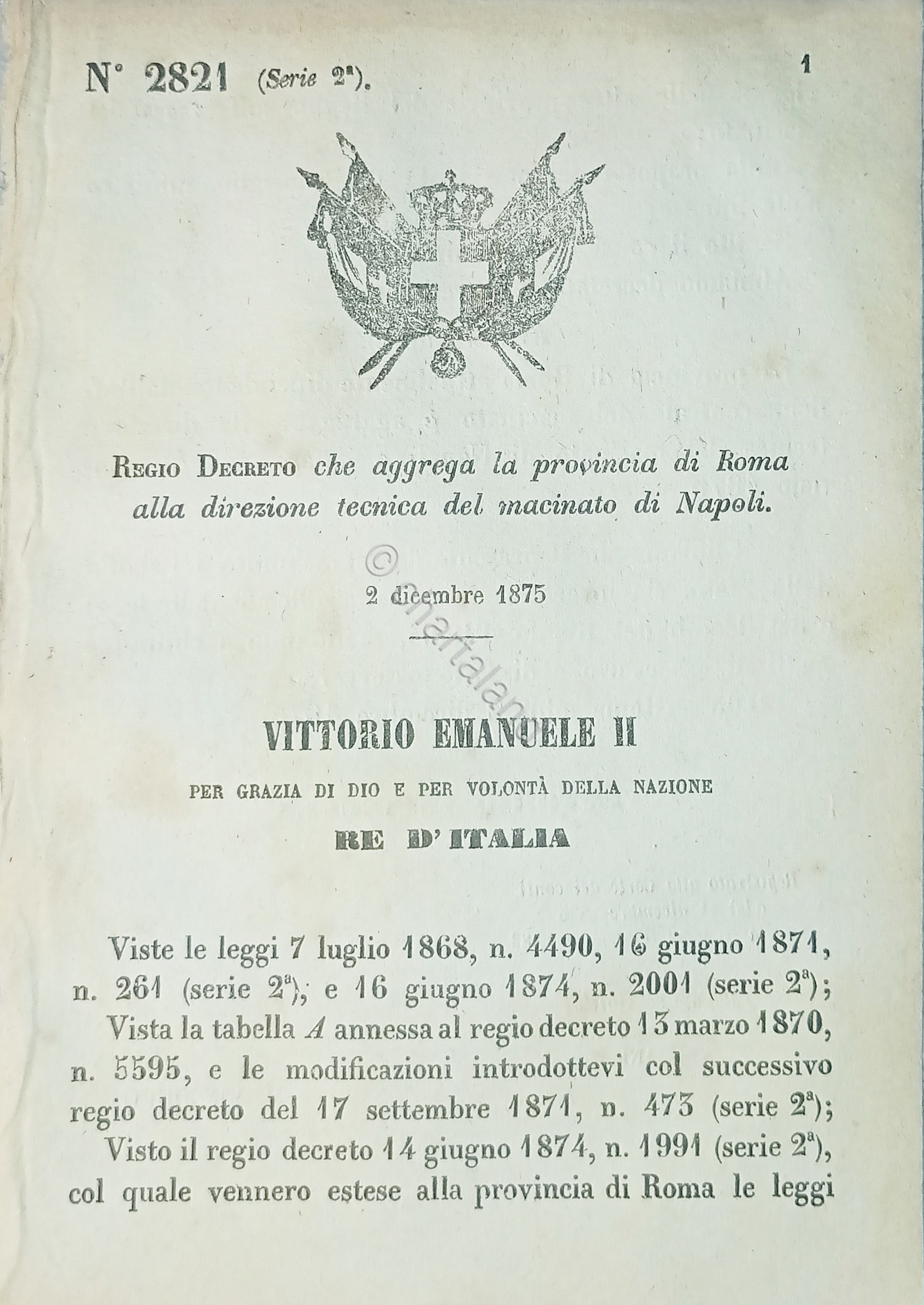 Decreto Regno Italia - Aggrega provincia Roma alla direzione tecnica …