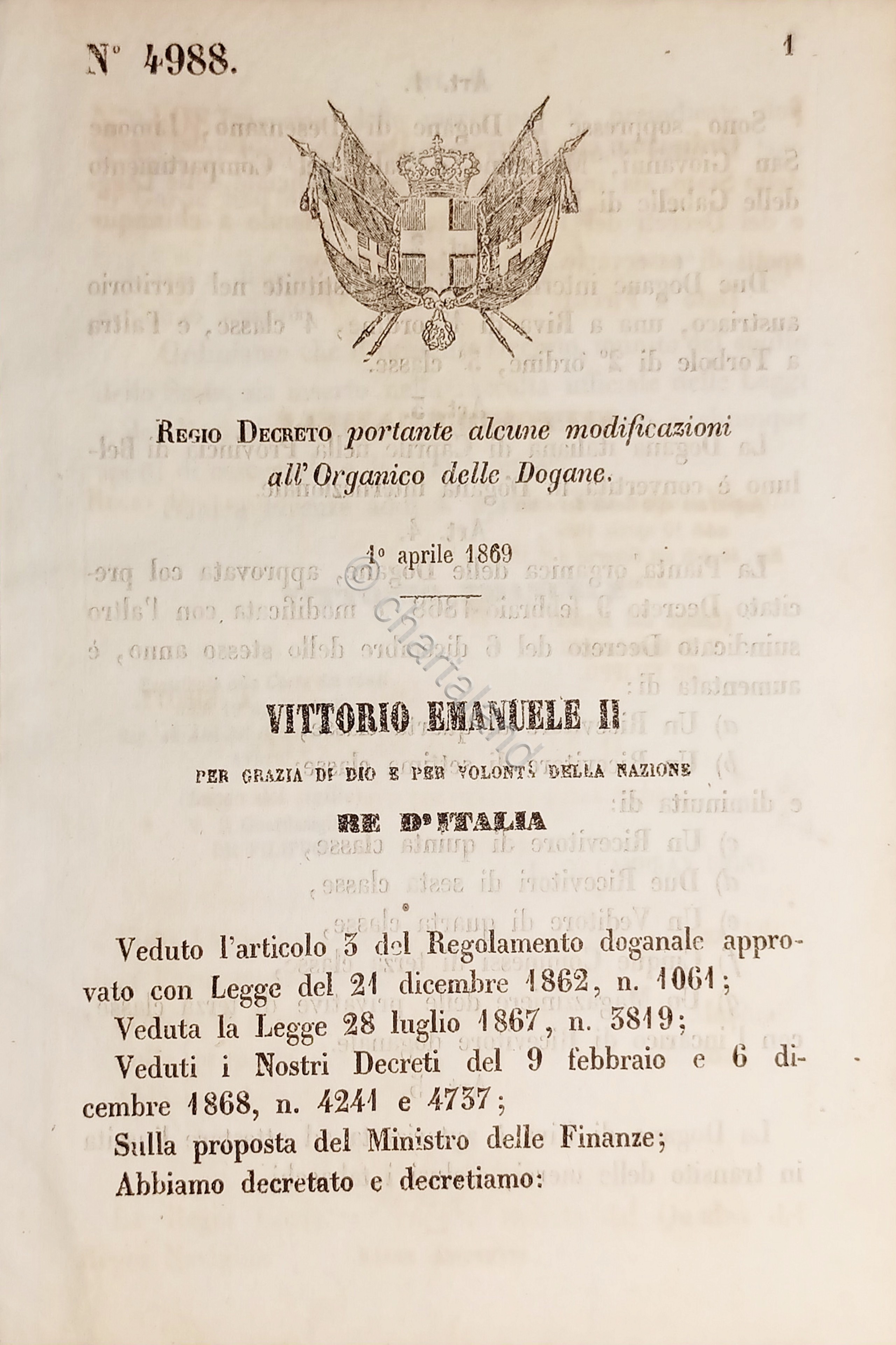 Decreto Regno Italia - Alcune modificazioni all'Organico delle Dogane - …