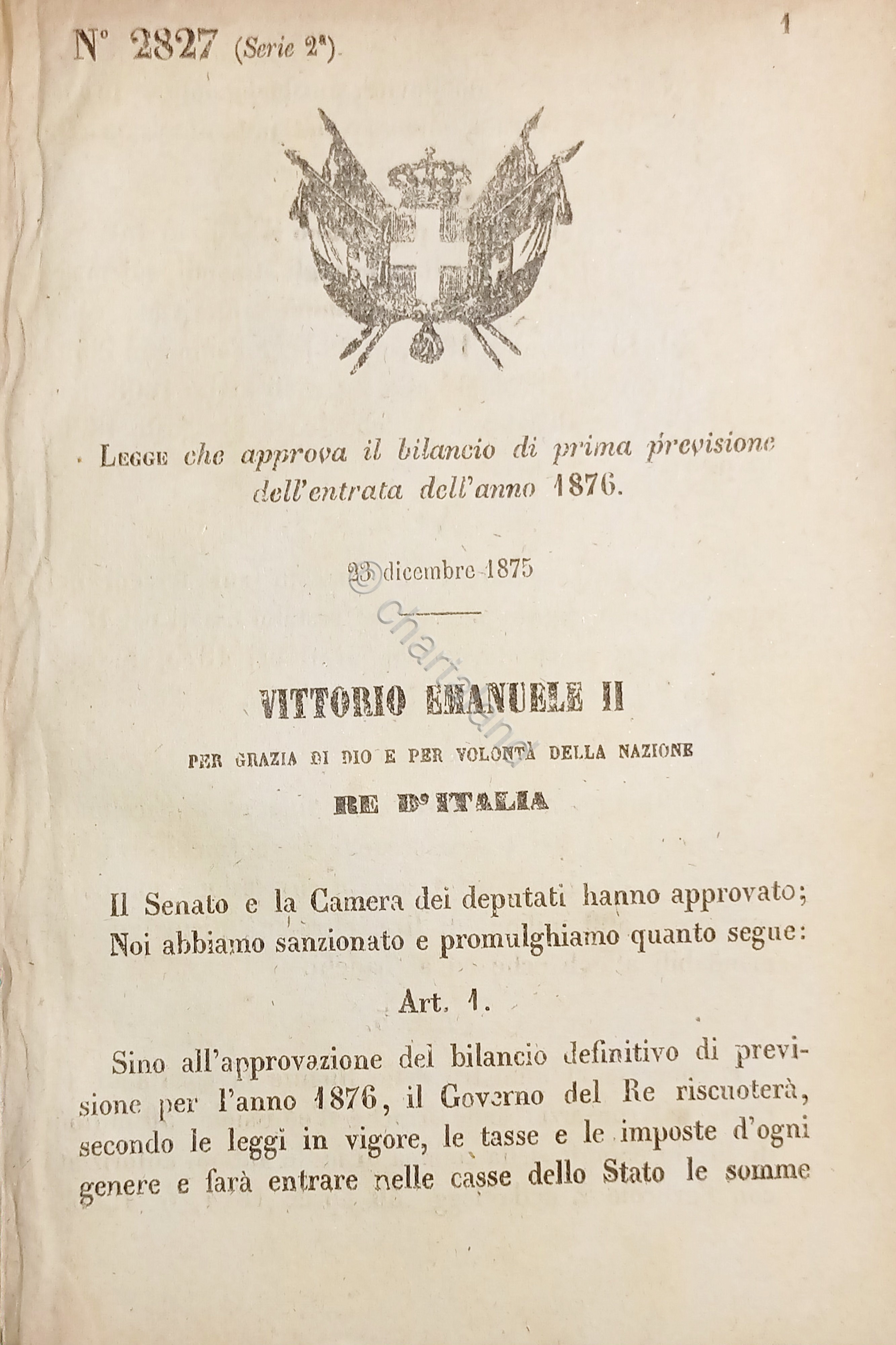 Decreto Regno Italia - Approva il bilancio di prima previsione …