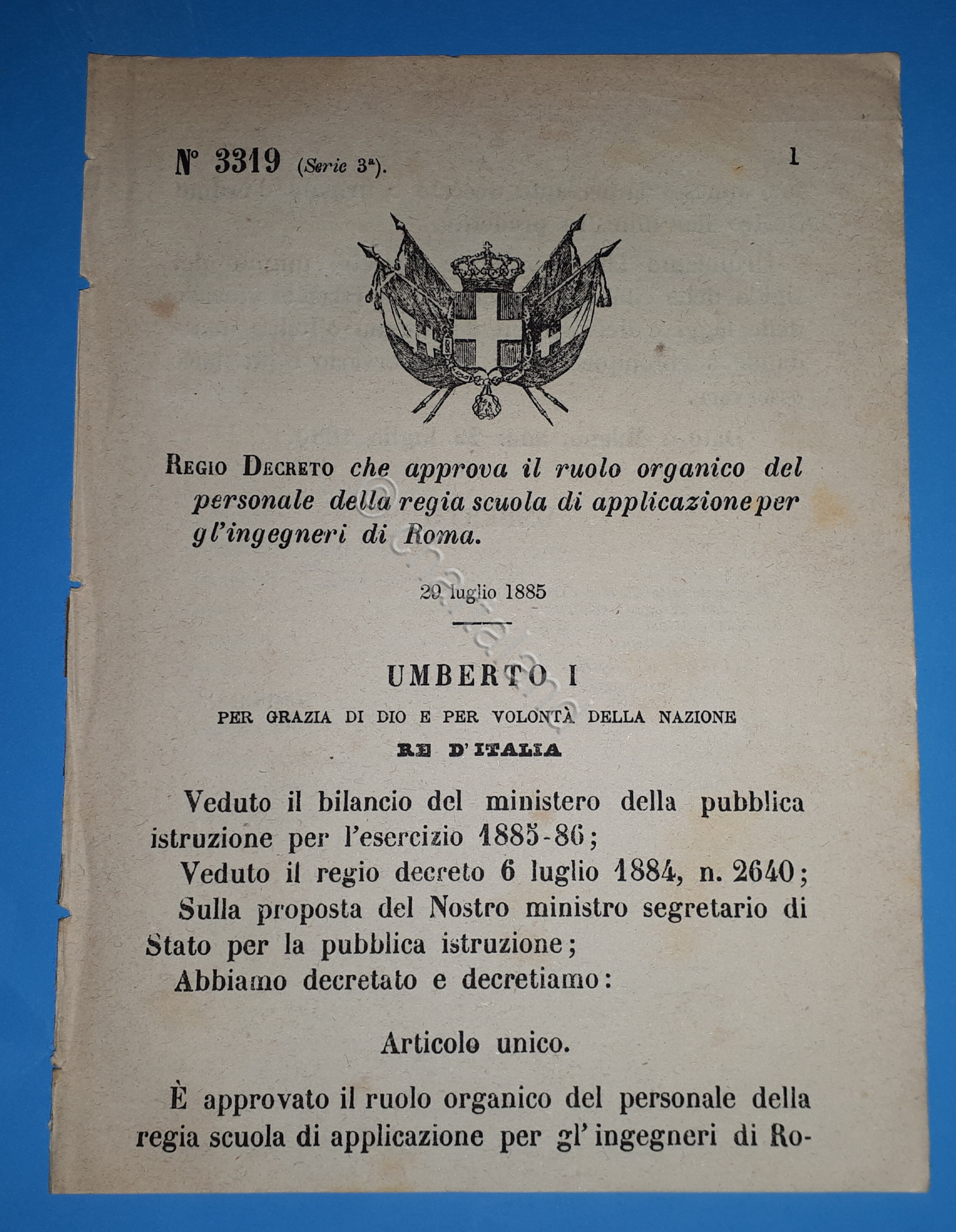 Decreto Regno Italia - Approva ruolo organico regia scuola ingegneri …