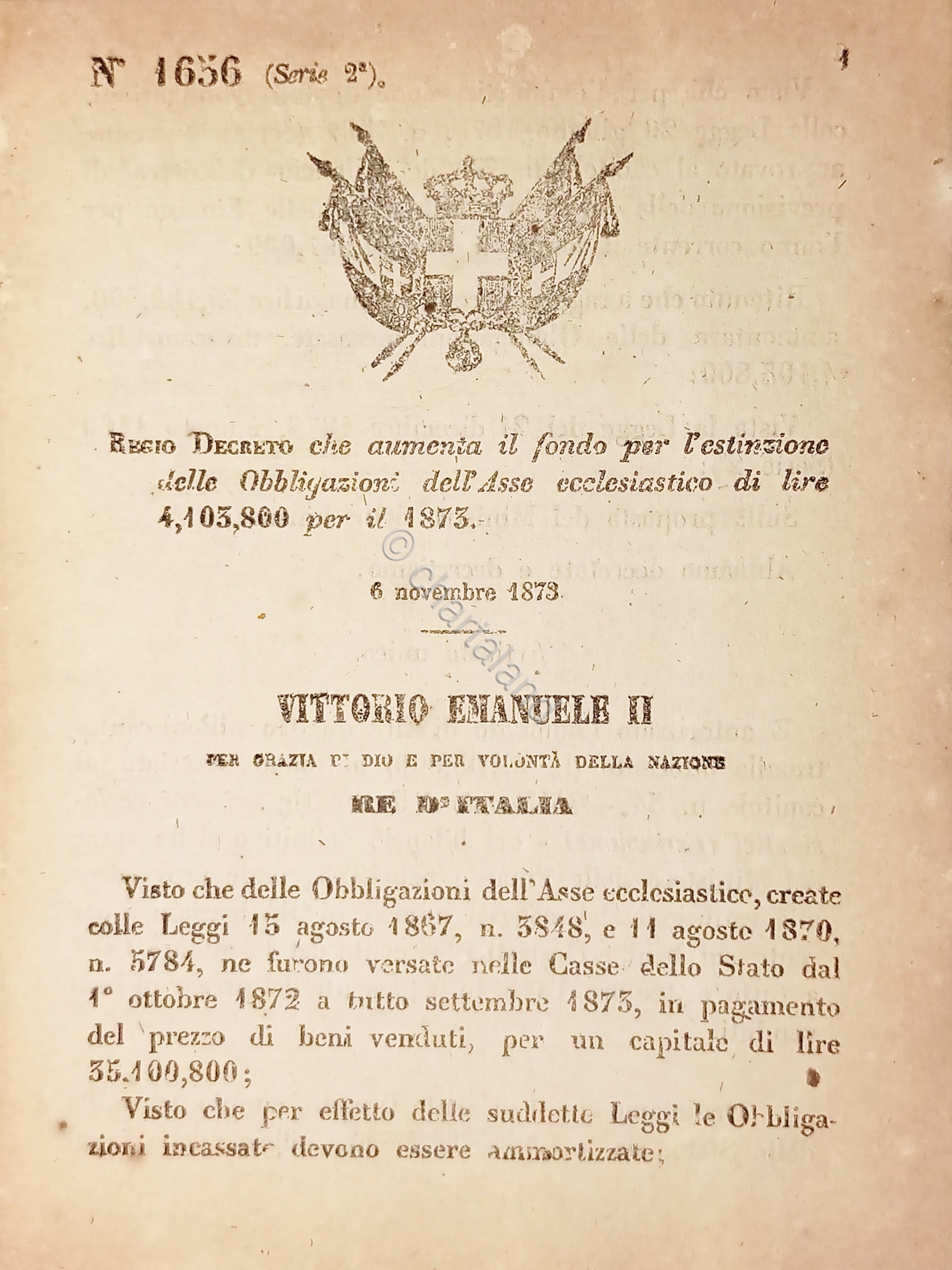 Decreto Regno Italia - Aumenta fondo Obbligazioni dell'Asse ecclesiastico - …