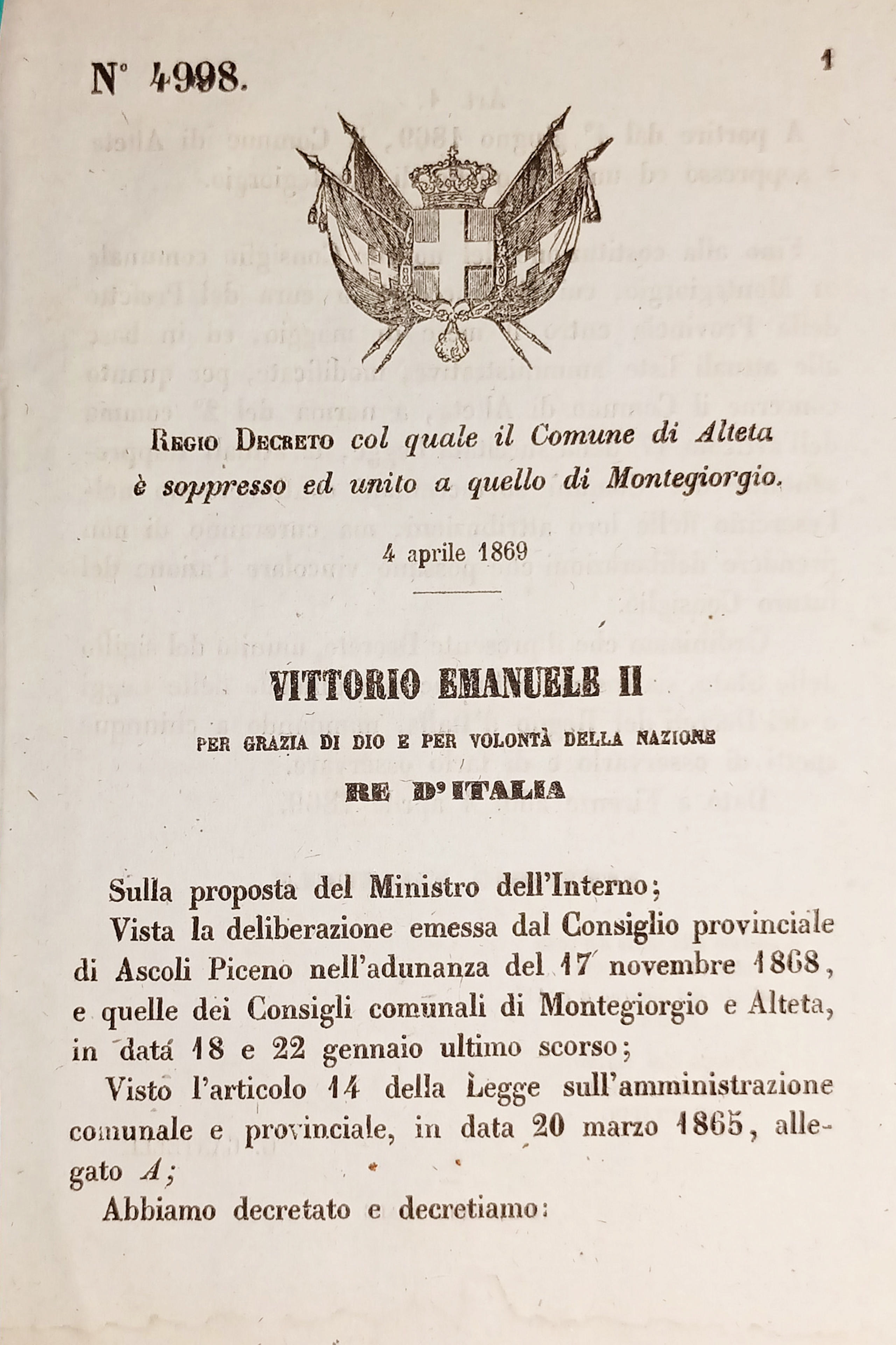 Decreto Regno Italia - Comune di Alteta è soppresso ed …