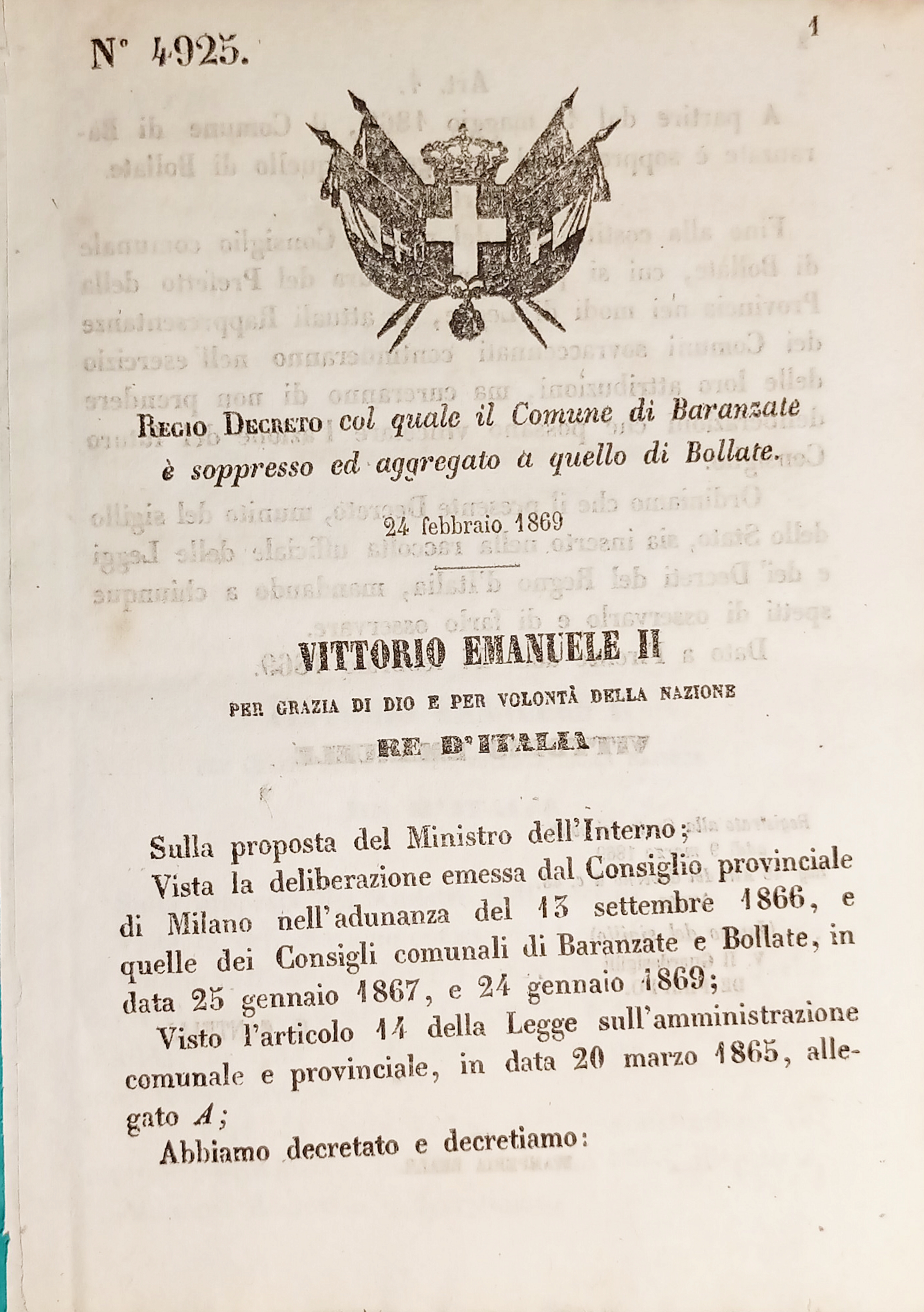 Decreto Regno Italia - Comune di Baranzate è aggregato a …