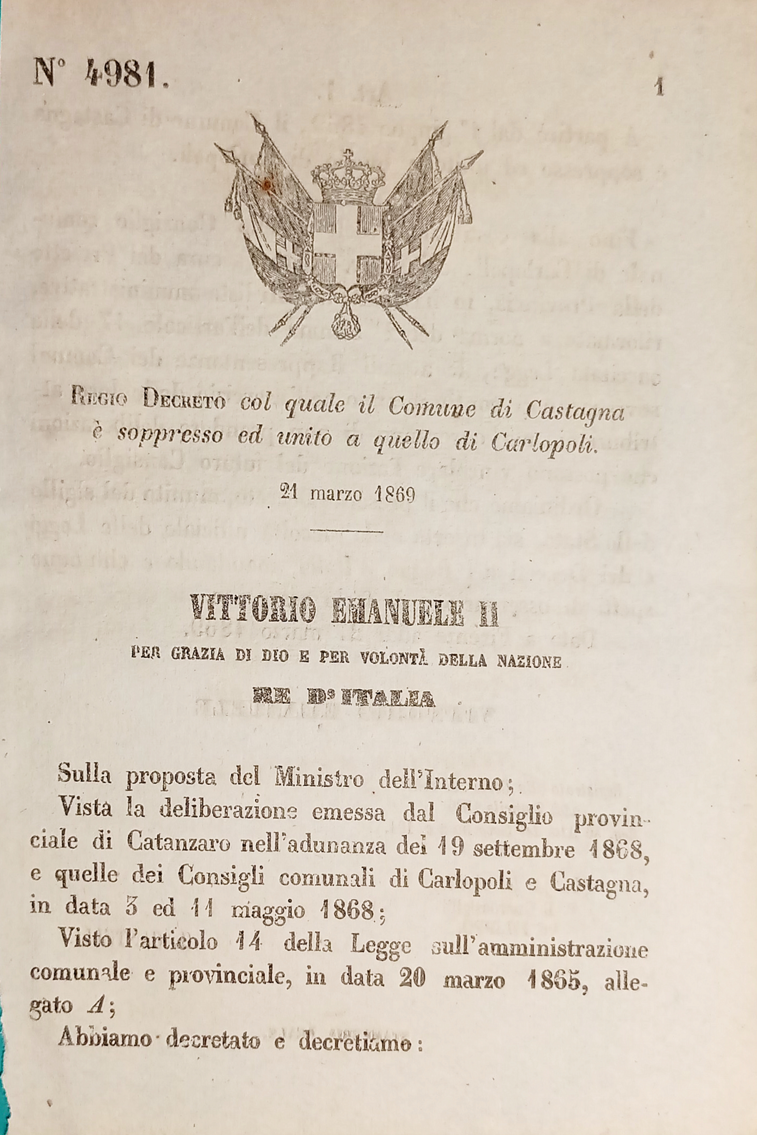 Decreto Regno Italia - Comune di Castagnè soppresso ed unito …