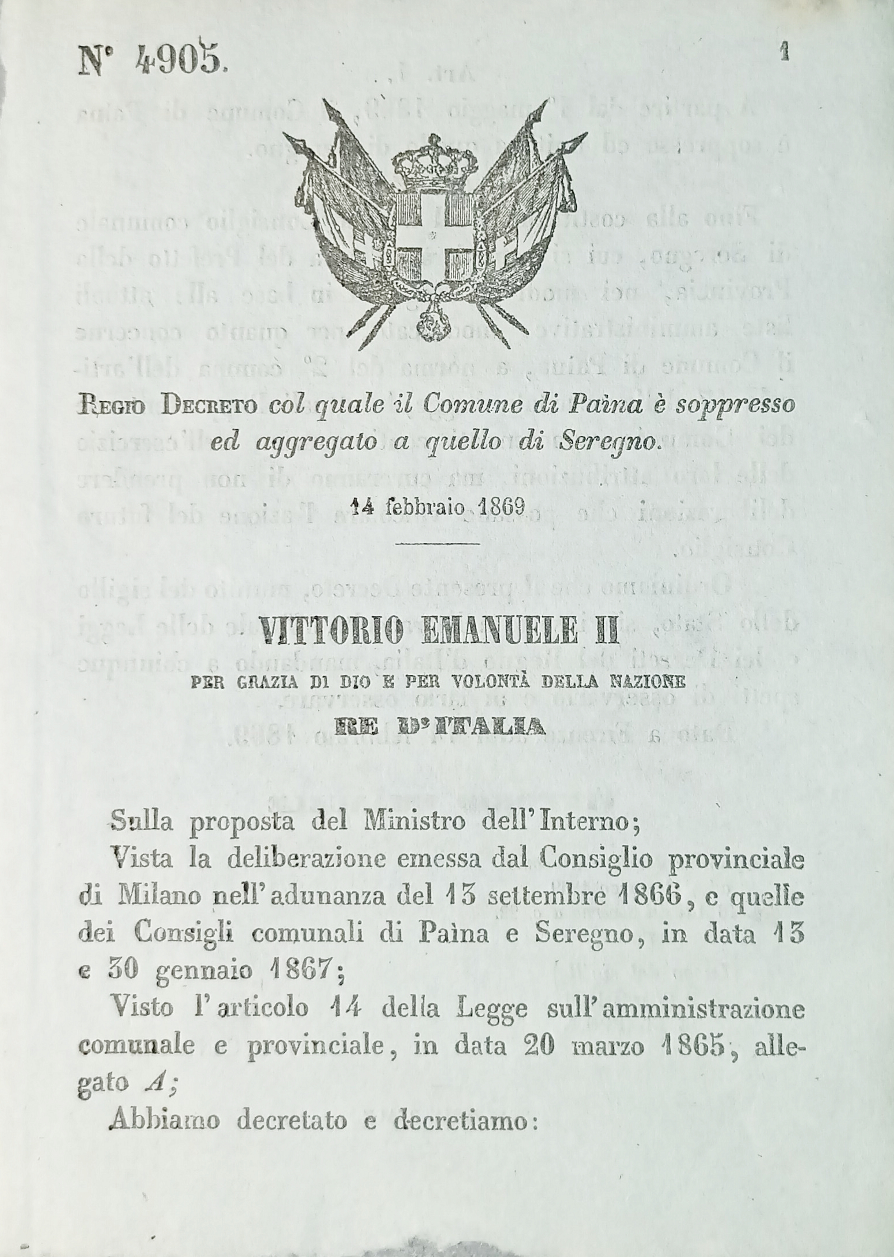 Decreto Regno Italia - Comune di Paina è aggregata a …