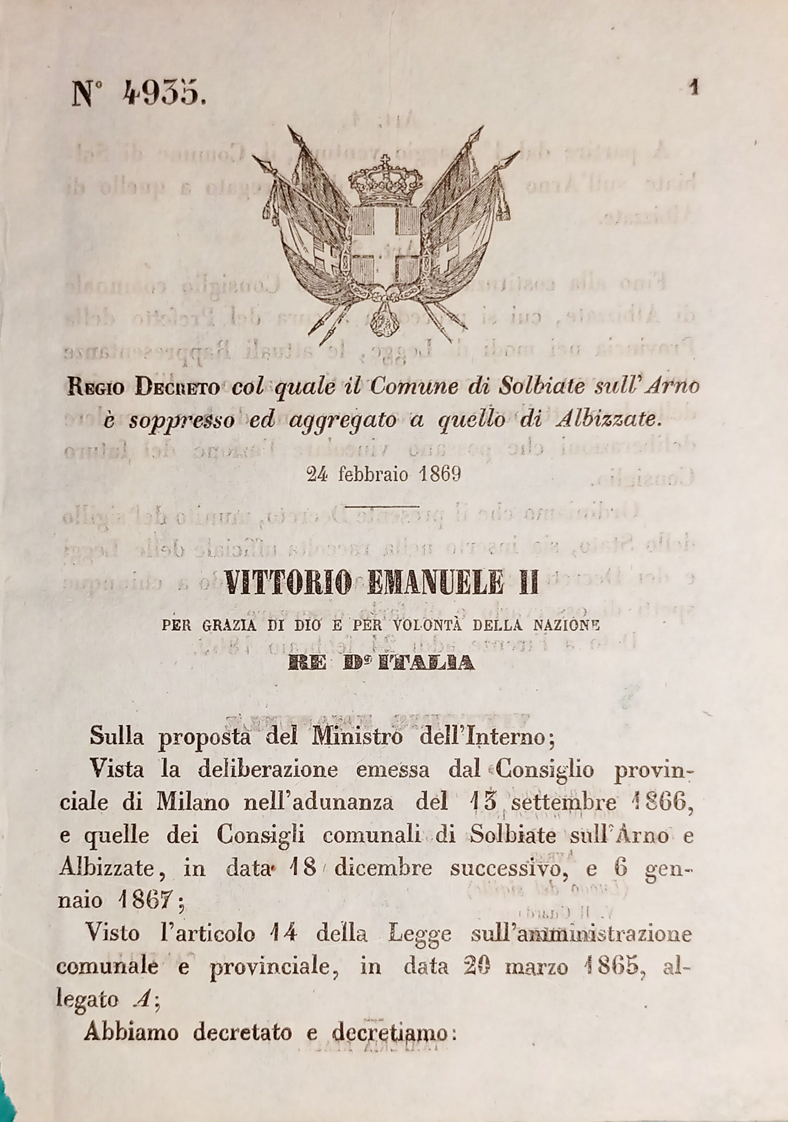 Decreto Regno Italia - Comune di Solbiate sull'Arno è aggregato …