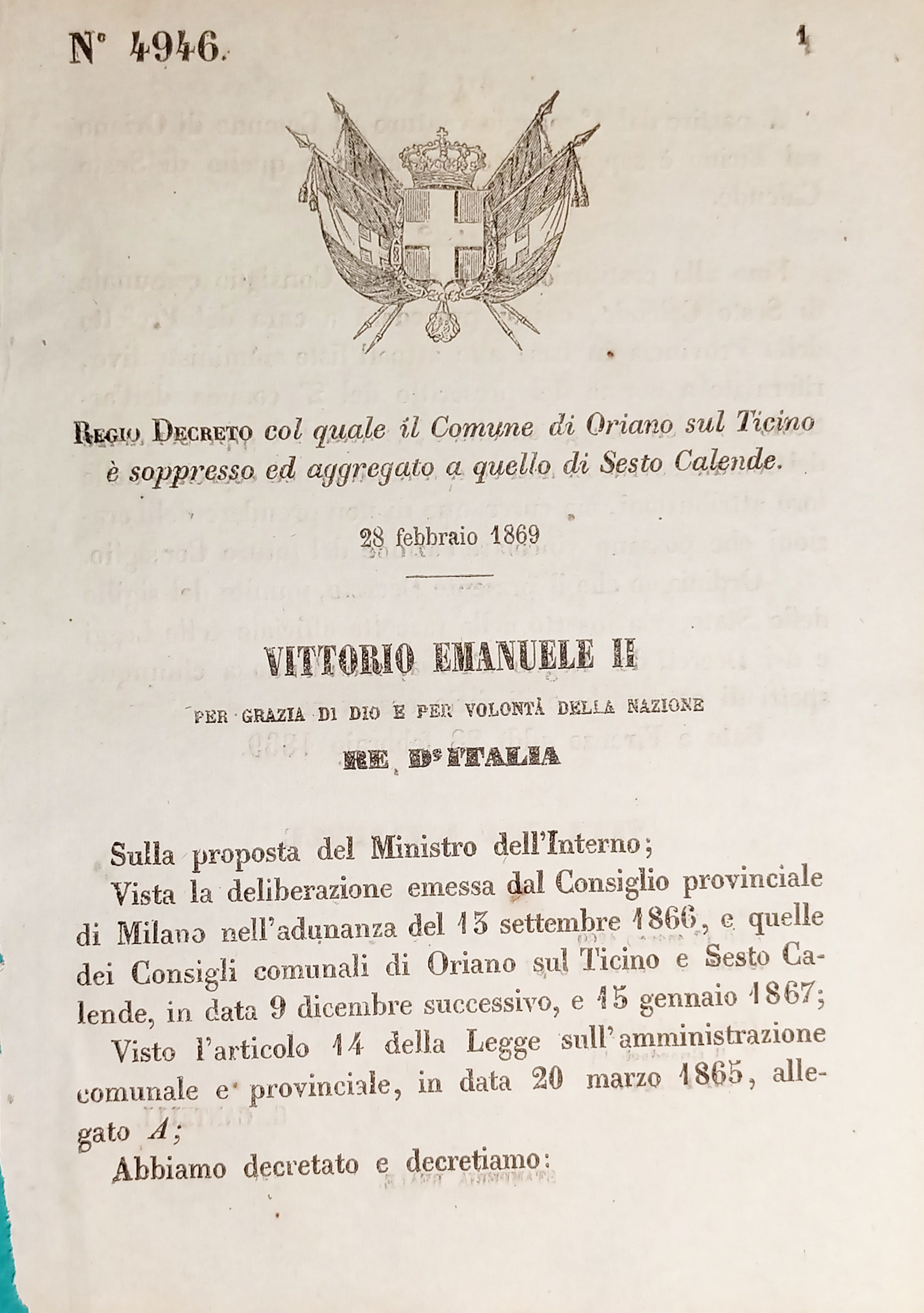 Decreto Regno Italia - Comune Oriano sul Ticino è aggregato …