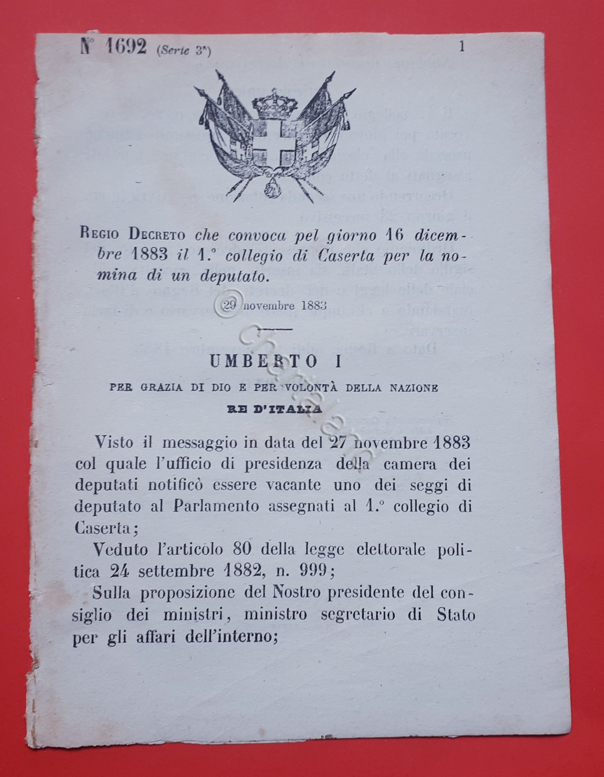 Decreto Regno Italia - Convocazione collegio di Caserta per nomina …