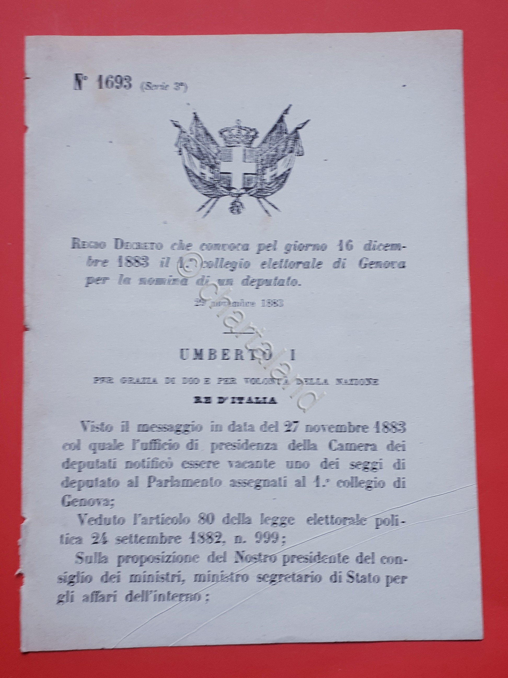 Decreto Regno Italia - Convocazione collegio di Genova per nomina …