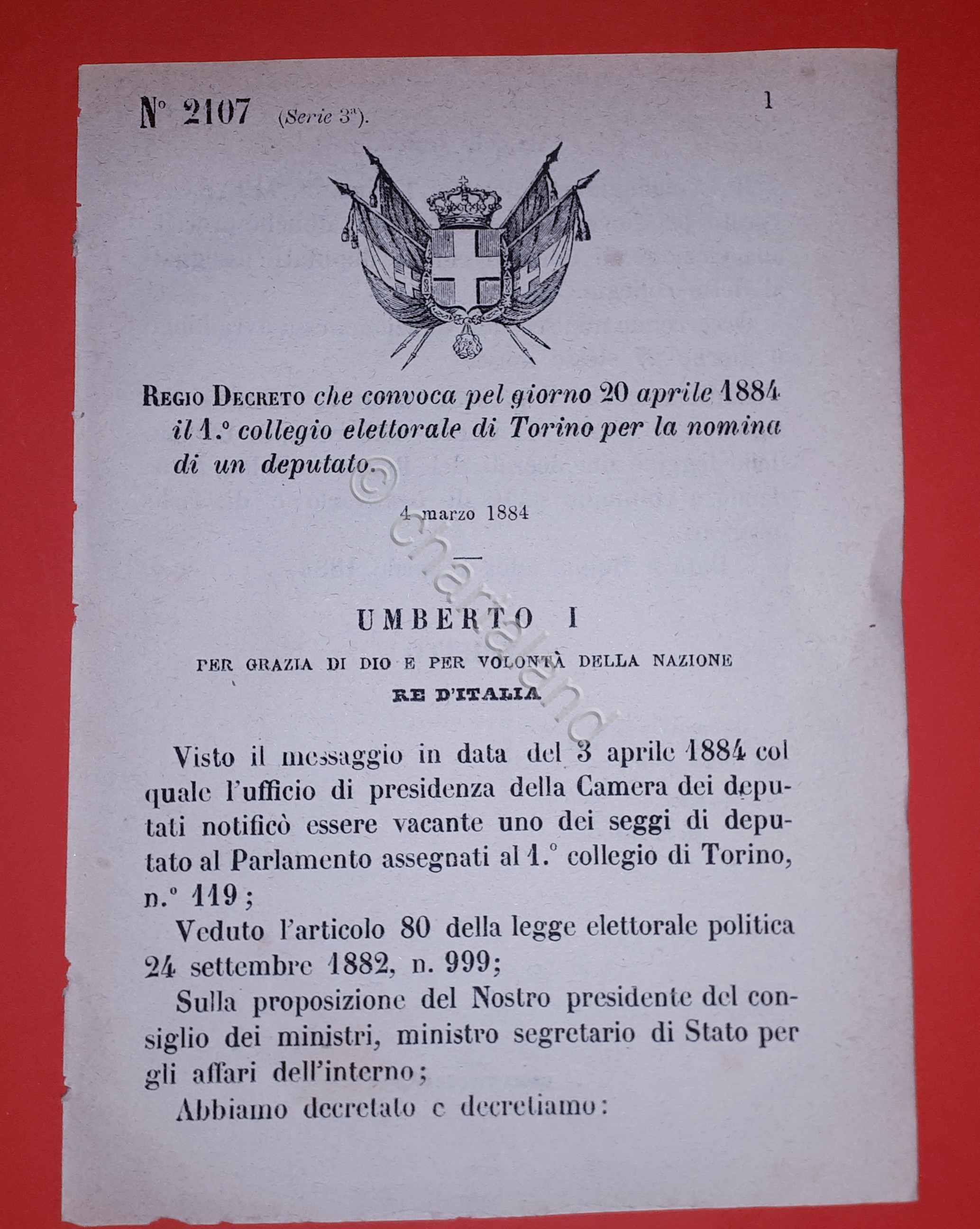 Decreto Regno Italia - Convocazione elettorale Torino nomina deputato - …