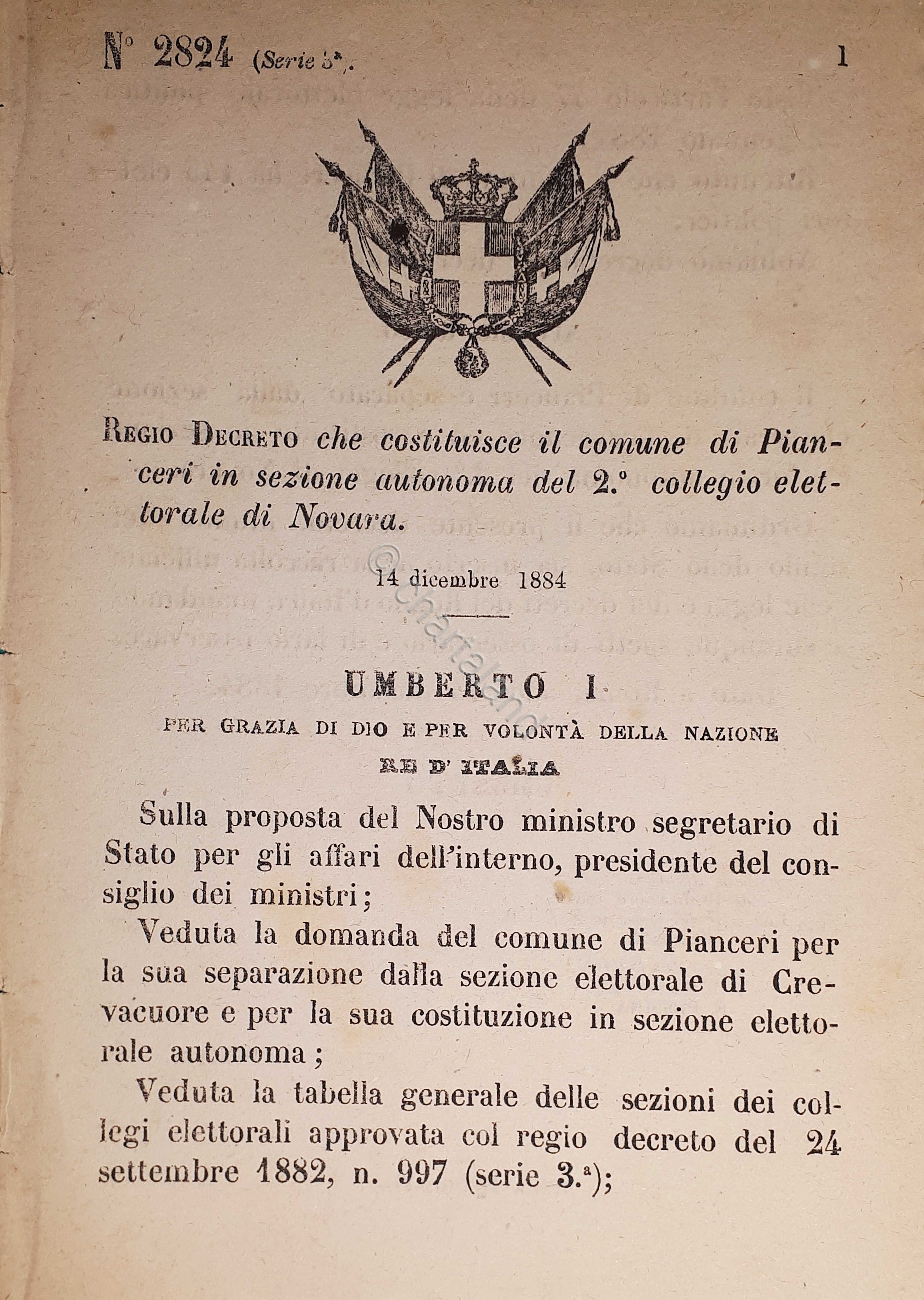 Decreto Regno Italia - Costituisce comune Pianceri in sezione di …
