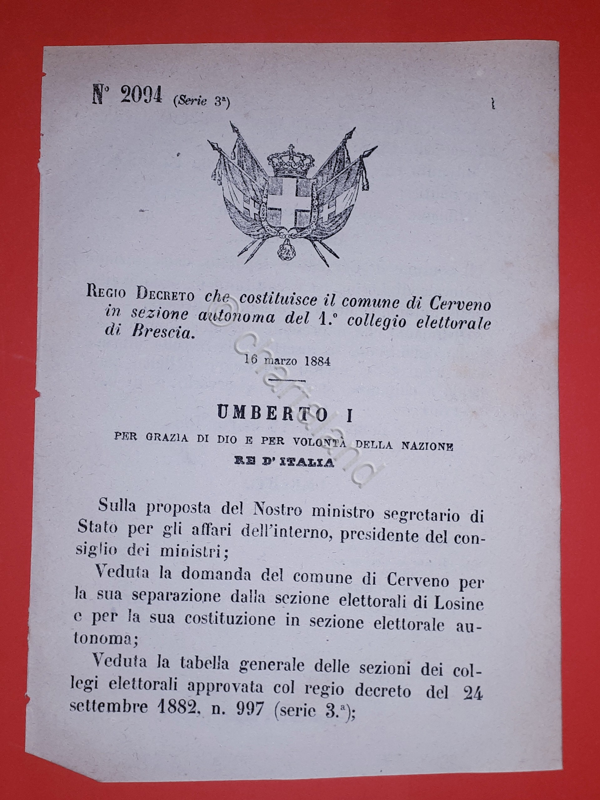 Decreto Regno Italia - Costituzione Cerveno in sezione di Brescia …