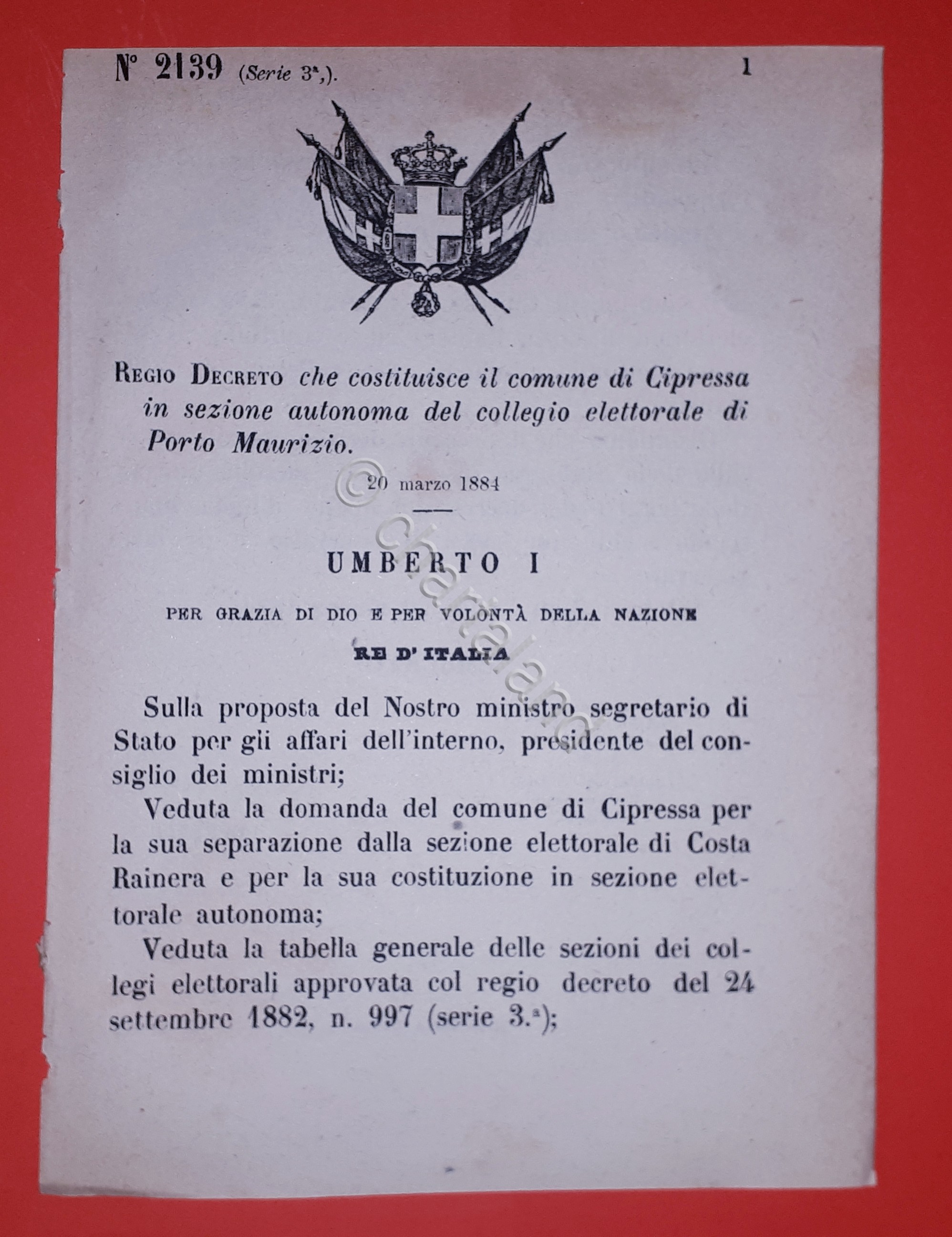 Decreto Regno Italia - Costituzione Cipressa di Porto Maurizio - …