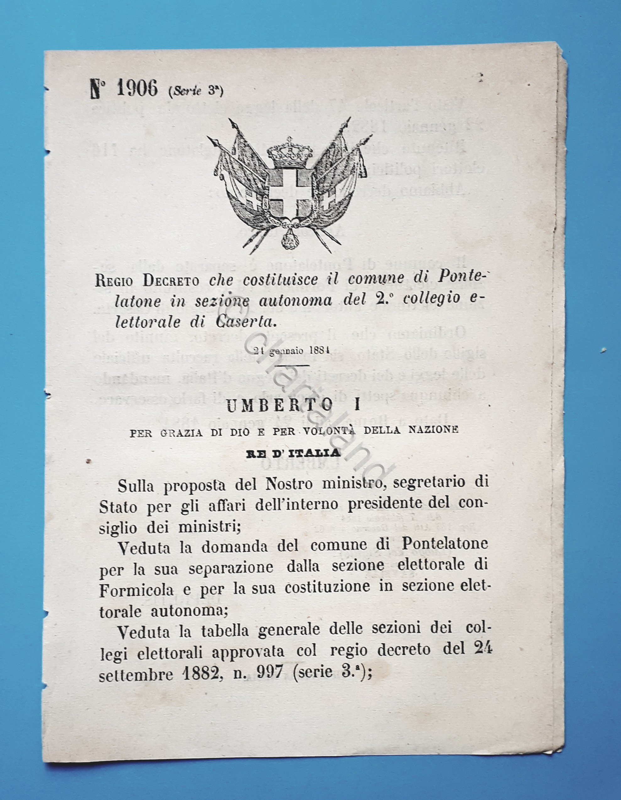 Decreto Regno Italia - Costituzione comune Pontelatone in sezione Caserta …