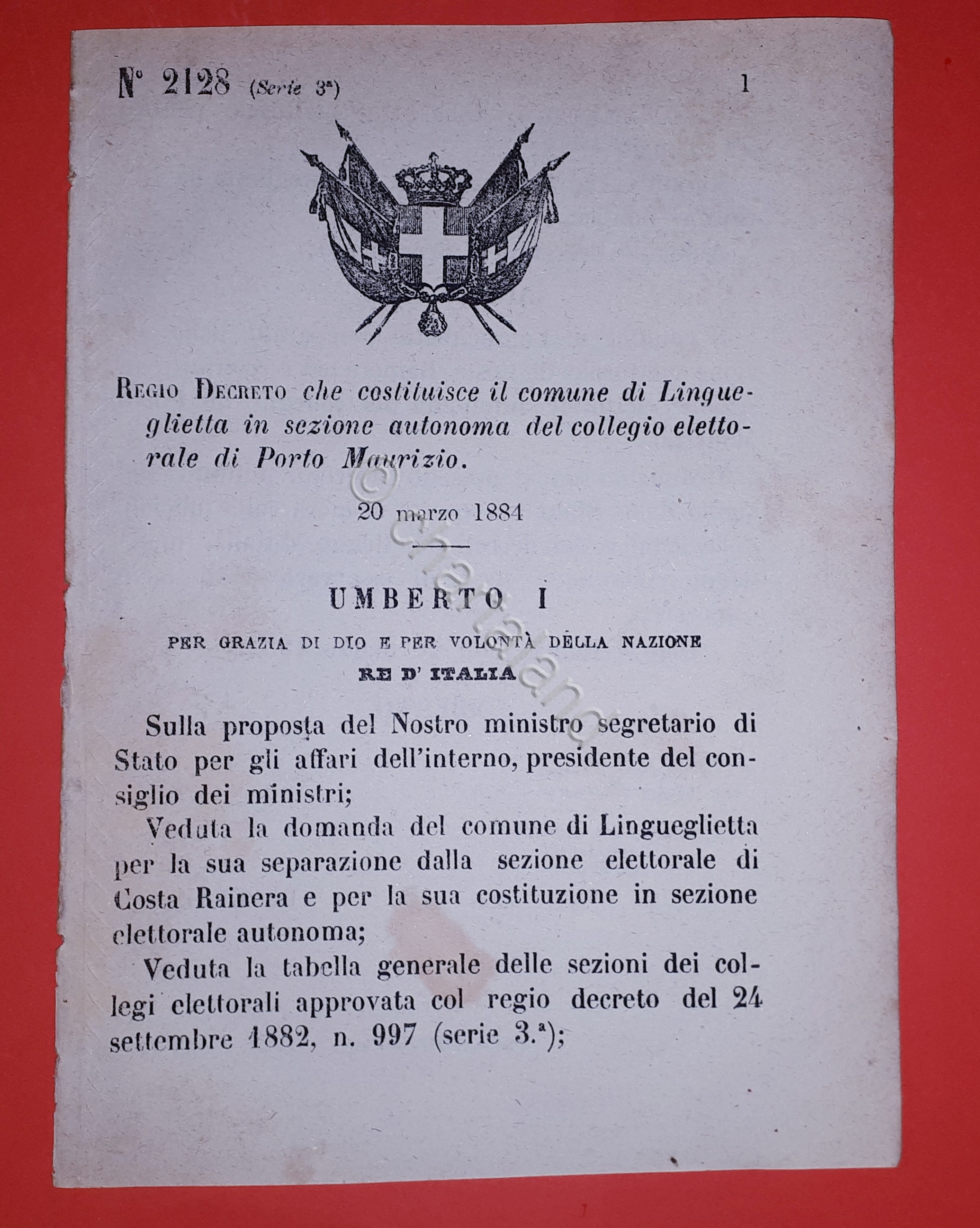 Decreto Regno Italia - Costituzione Lingueglietta di Porto Maurizio - …