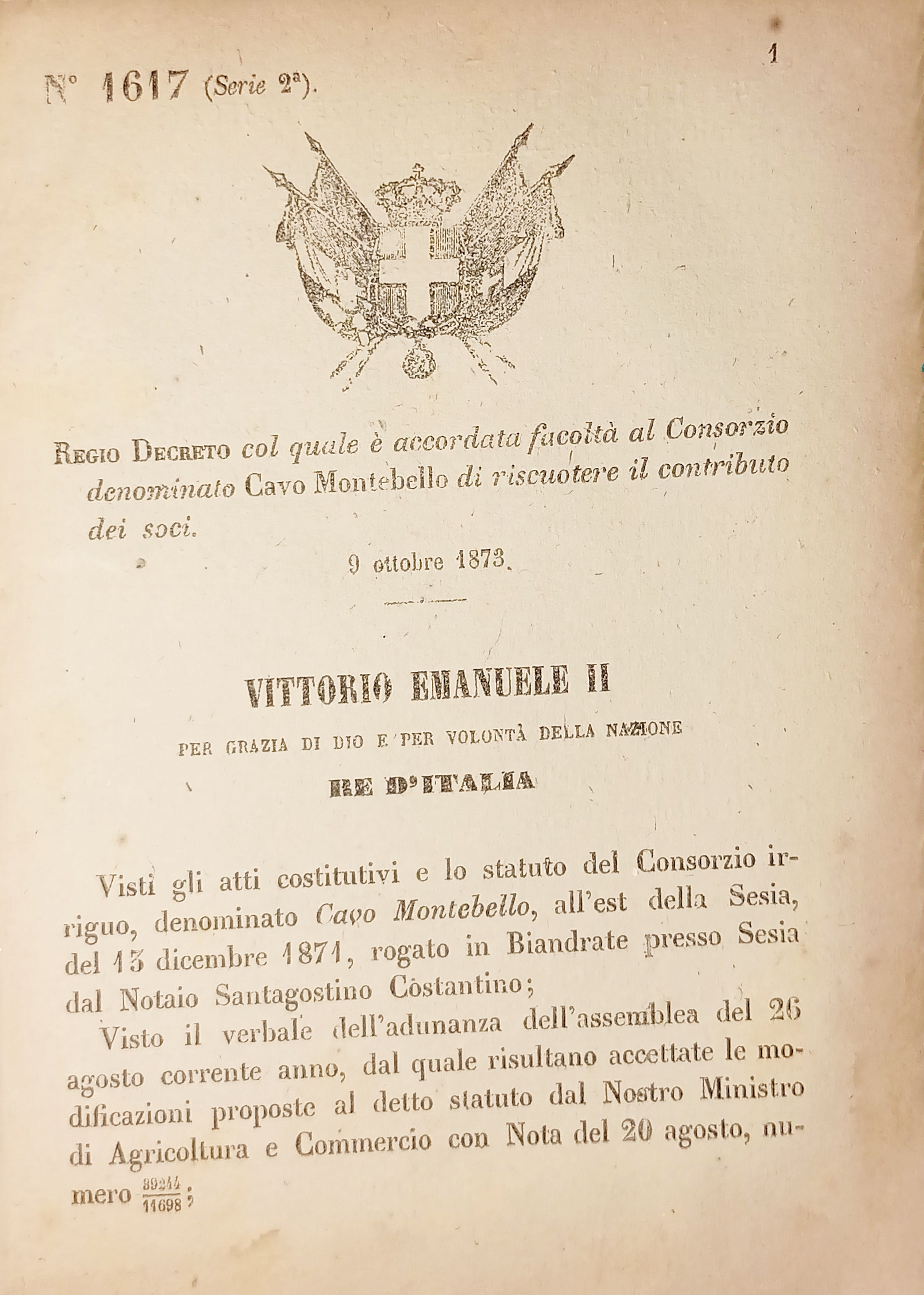 Decreto Regno Italia - Facoltà Cavo Montebello riscuotere contributo soci …