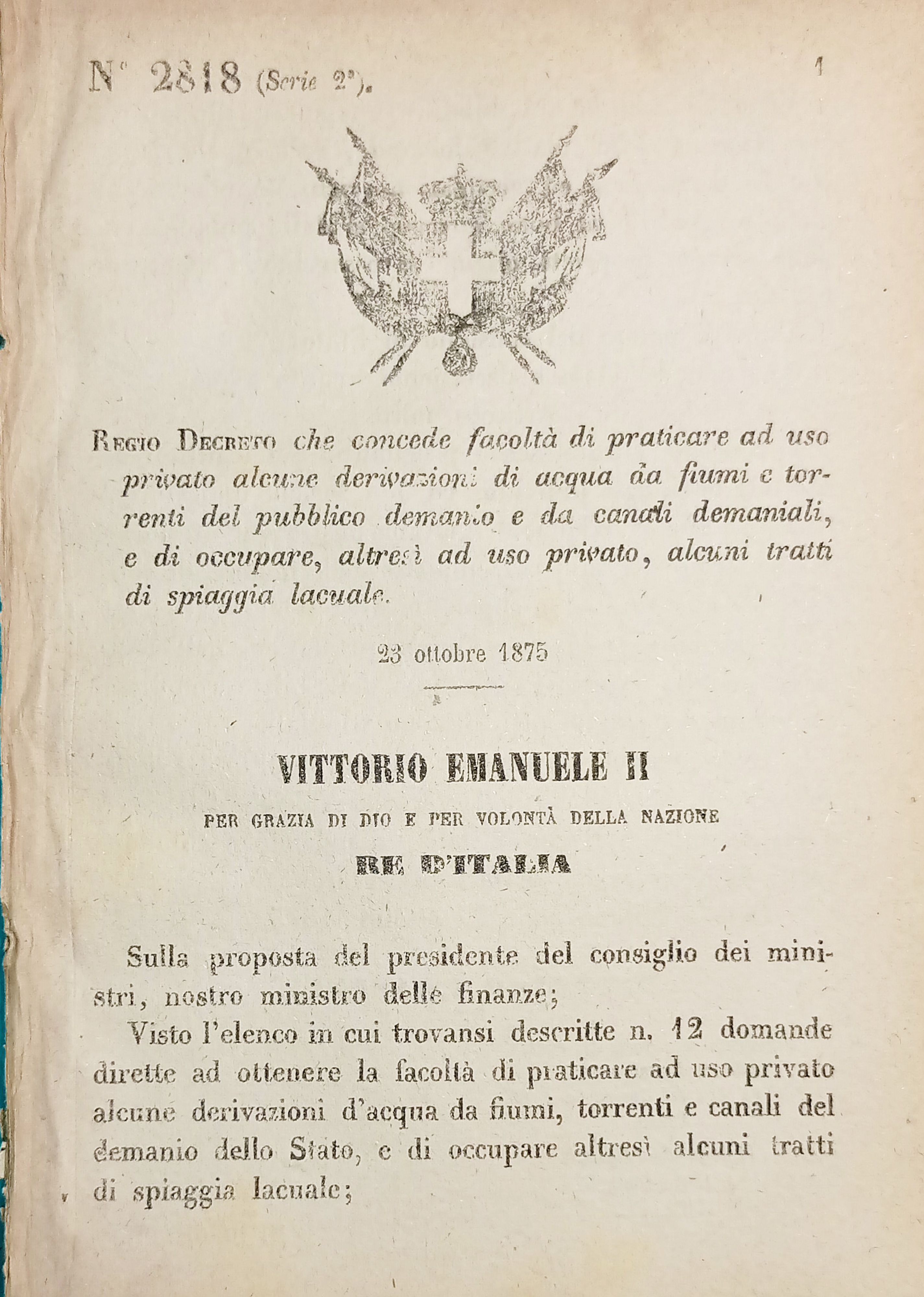 Decreto Regno Italia - Facoltà uso privato derivazioni acqua da …