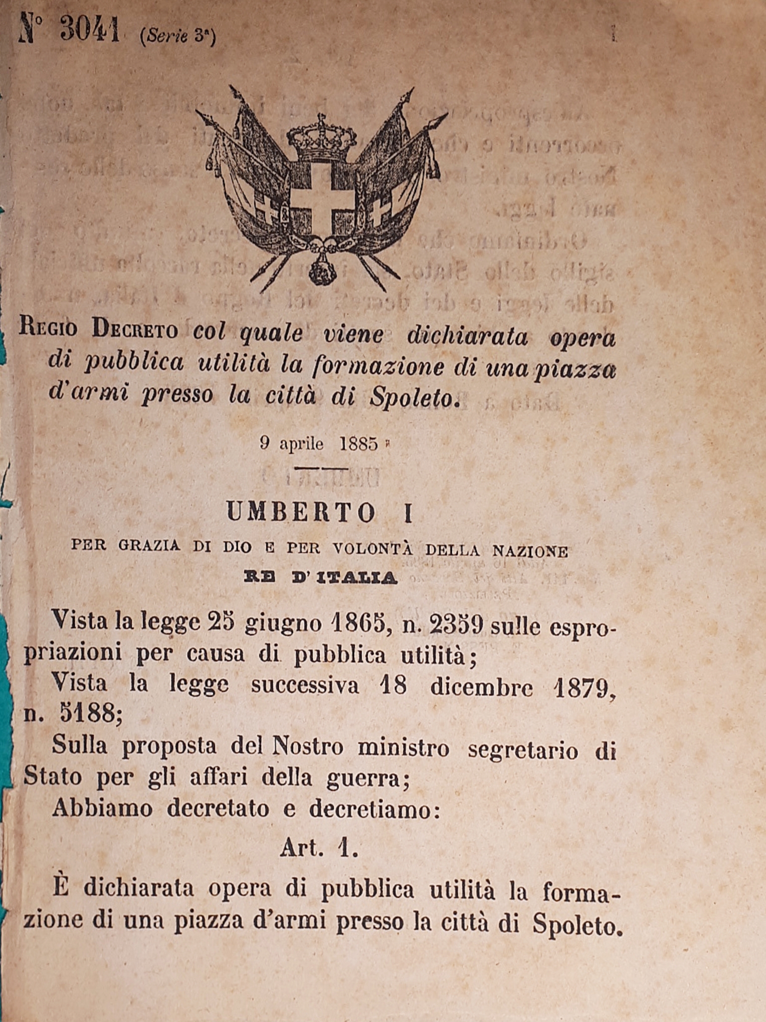 Decreto Regno Italia - Formazione di una piazza d'armi presso …
